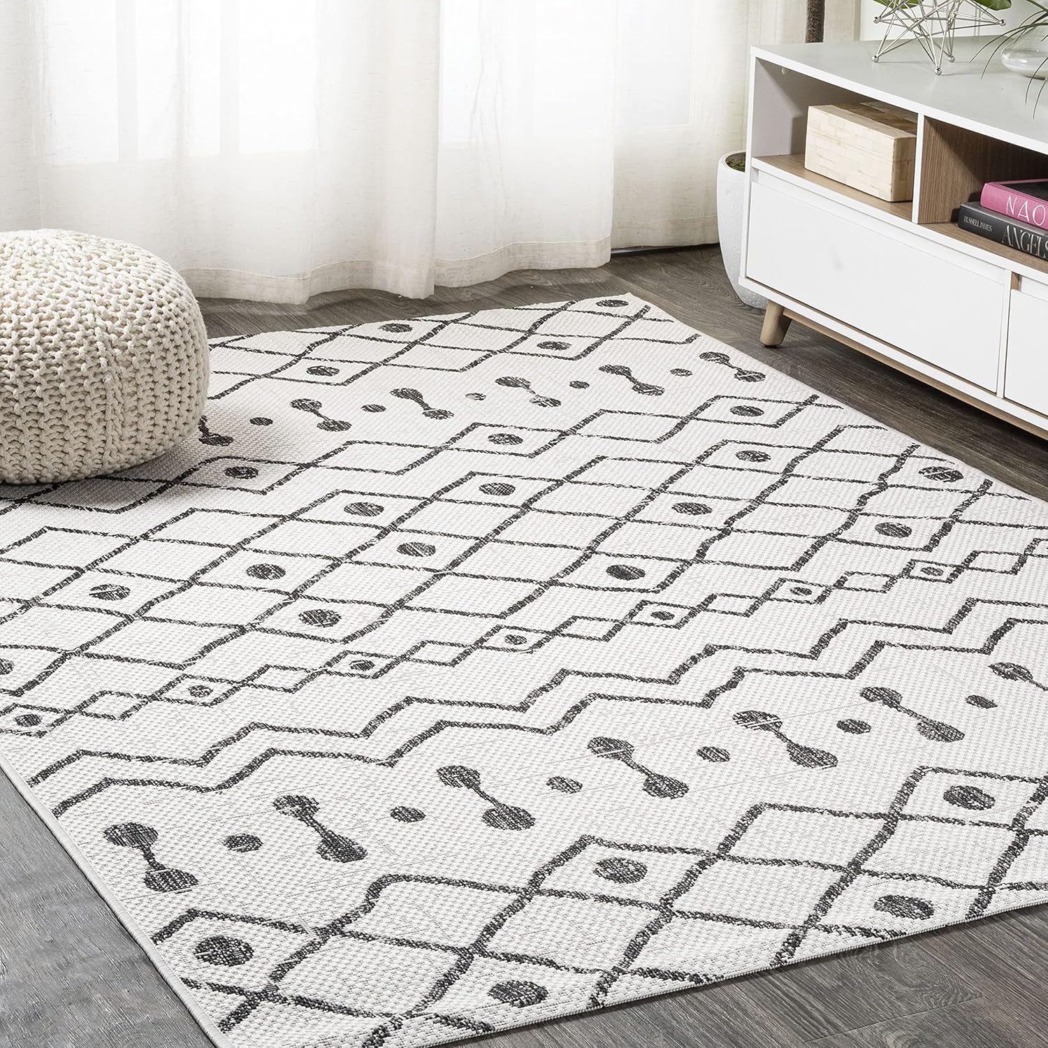 Eyely BMS131D-3 Santa Monica Nokat Tribal Bohemian Indoor/Outdoor Area Rug Minimalistic;Transitional;Rustic, Bedroom, Kitchen, Backyard, Patio, Easy-Cleaning, Non-Shedding, 3 X 5, Ivory/Black