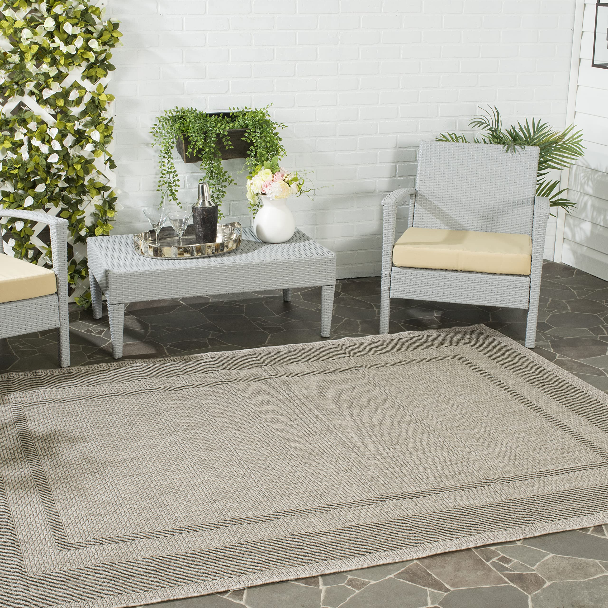 SAFAVIEH Washable Rug Outdoor Courtyard Collection - 5'3" Square, Beige & Black, Non-Shedding & Easy Cleaning, Ideal for Patio, Backyard, Mudroom (