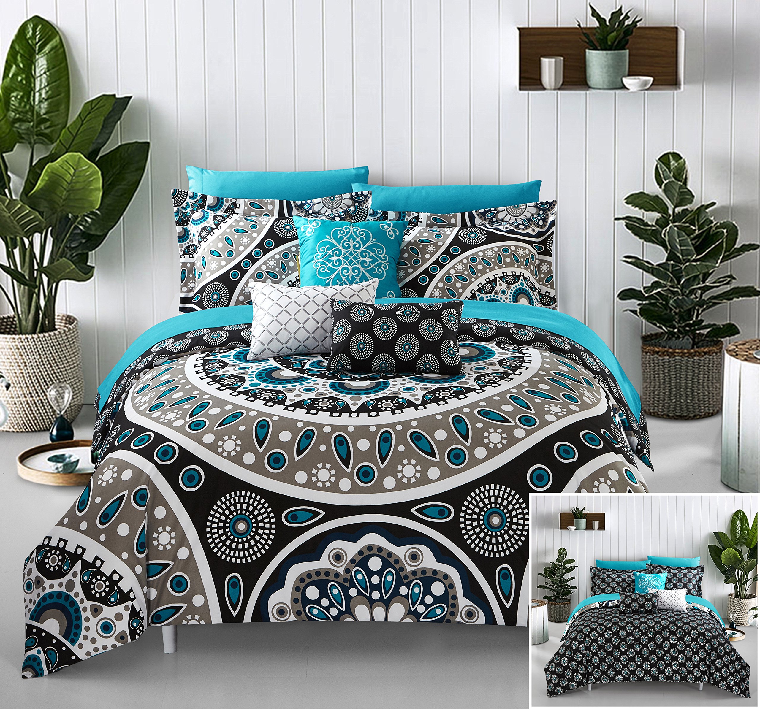 Chic Home 10 Piece Prenston Large Scale Contempo Bohemian REVERSIBLE Printed with embroidered details. King Bed in a Bag Comforter Set Black