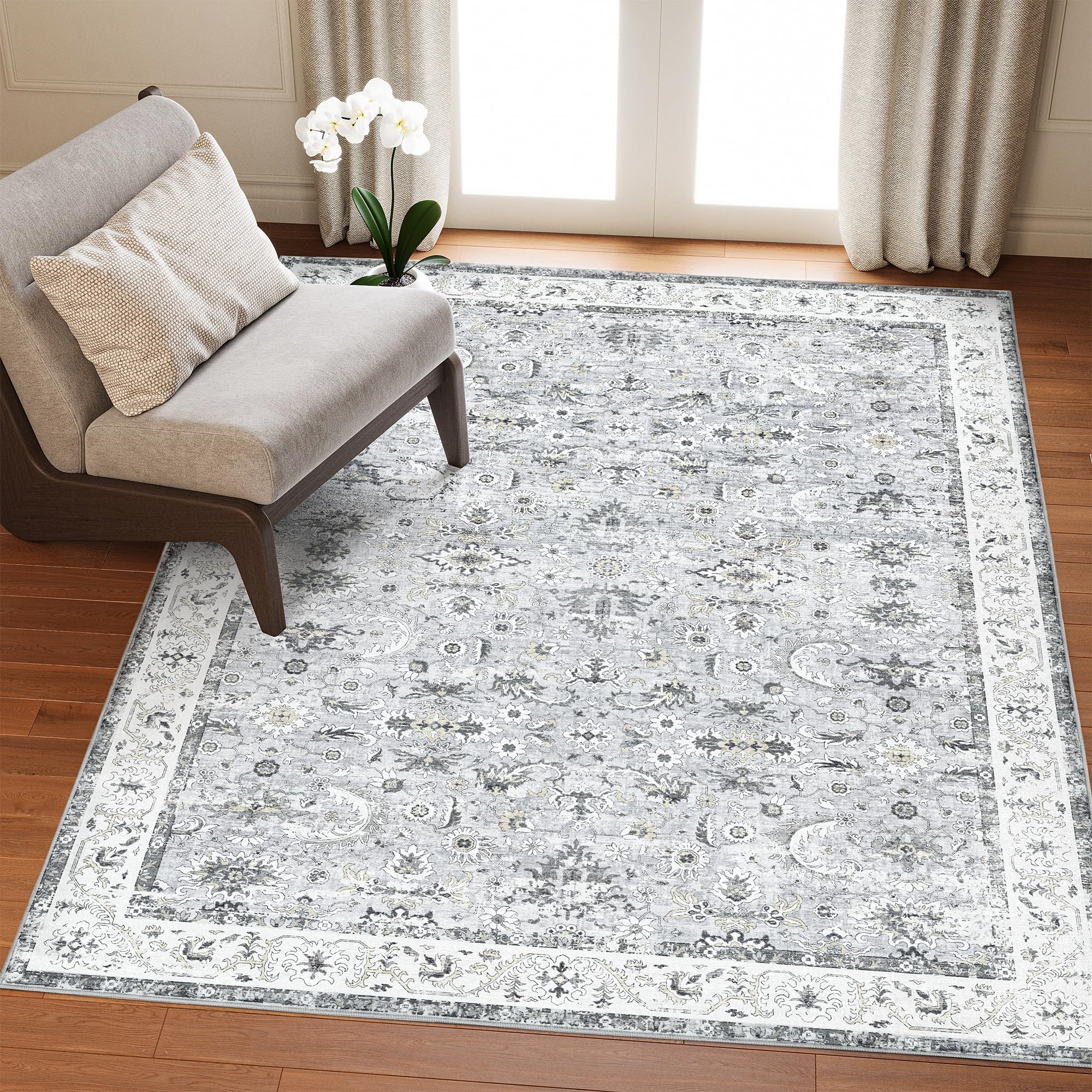 Valenrug 8x10 Washable Rug - Area Rugs for Living Room, Anti Slip Soft Rug, Stain Resistant Bedroom Rug (Grey, 8'x10')