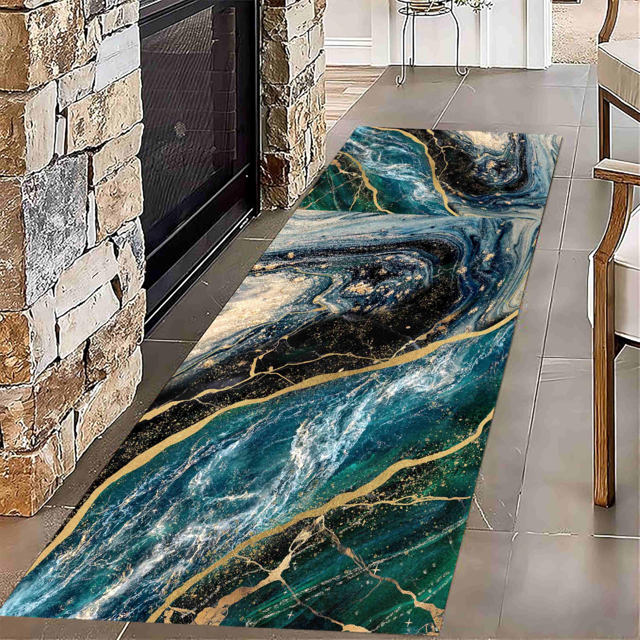 USHIRUG Marble Runner Rug for Hallway,60x120cm, Non Slip Cyan Gold Abstract Vortex Design, Contemporary Carpet Long Hall Washable Rugs Kitchen Floor Runners for Hallway Entryway Living Room Bedroom — image 1