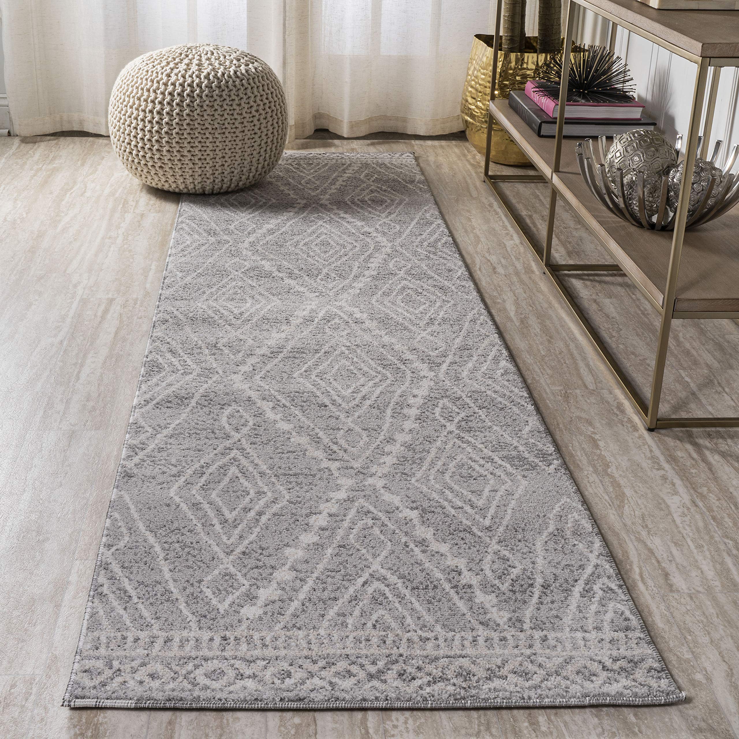JONATHAN Y Rih Moroccan Style Diamond Gray/Ivory Runner Rug, 2x10, Bohemian, Casual, Easy-Cleaning for Living Room, Bedroom, Kitchen, Pet Friendly,