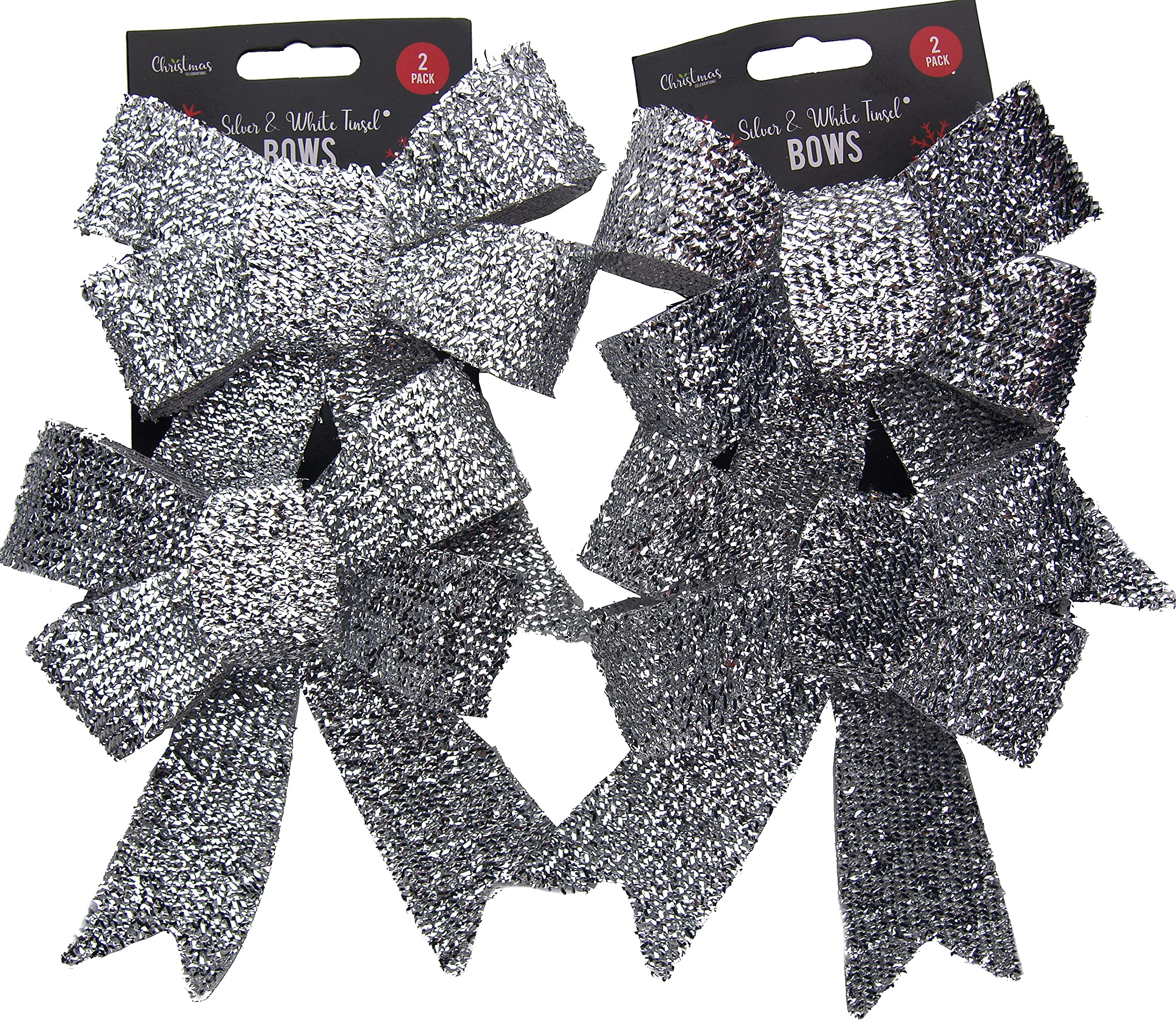 Set Of 4 Sparkling Tinsel Silver 17cm Bow Christmas Tree Baubles Decorations