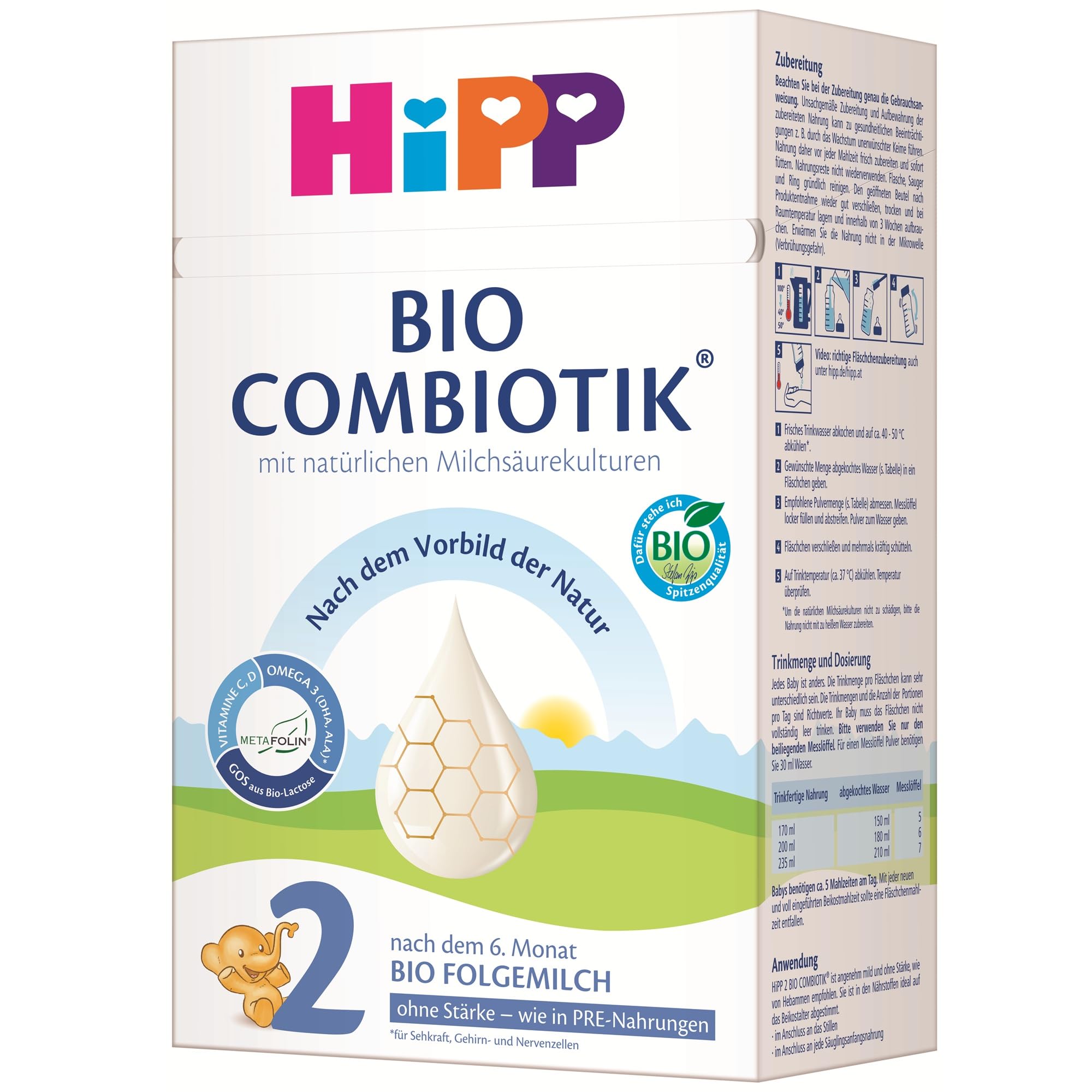 HiPP 2 Bio Combiotik Folgemilch 4 x 600g nach dem 6. Monat ohne Stärke mit Milchsäurekulturen