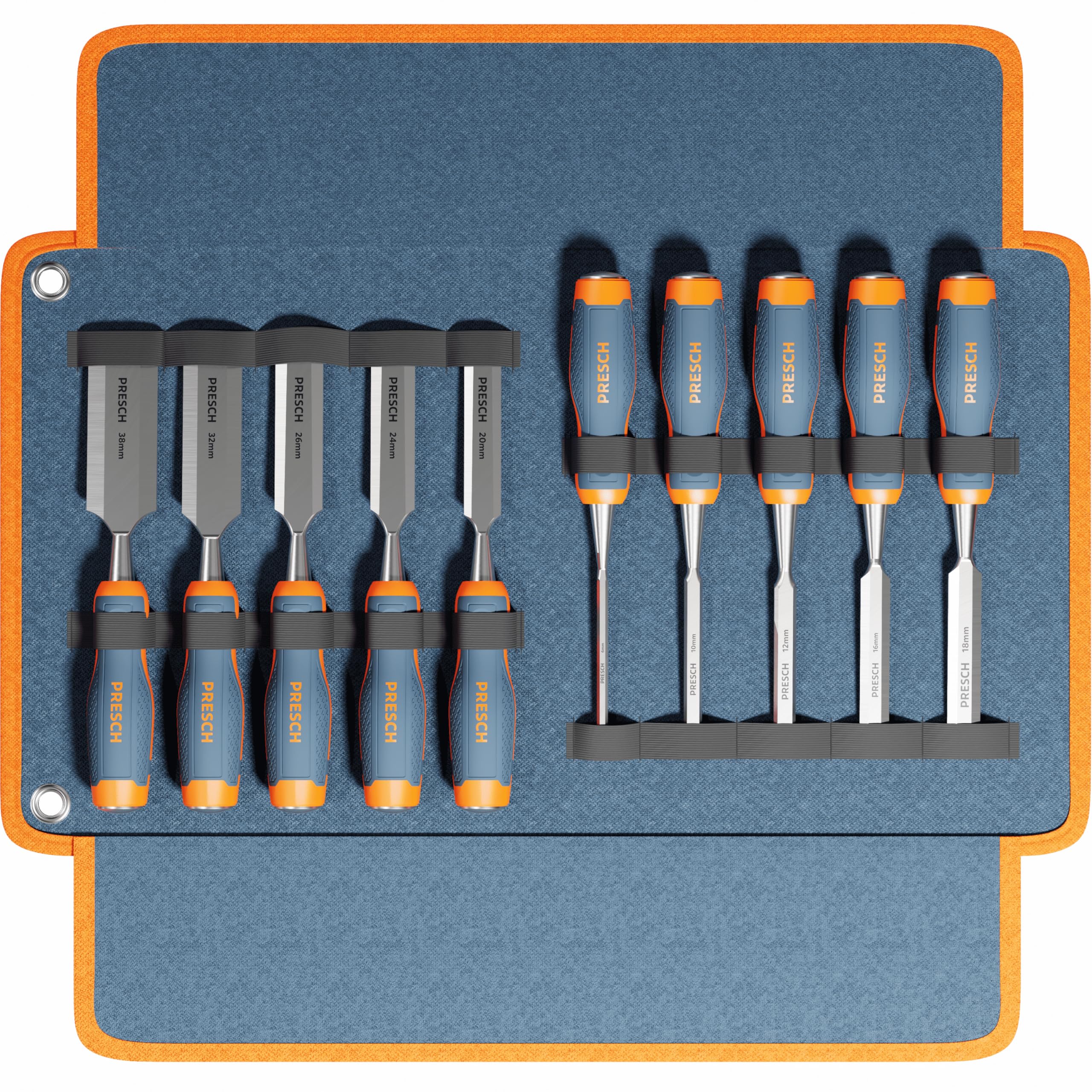 Presch Wood Chisel Set 10 pcs. incl. Bag (6, 10, 12, 16, 18, 20, 24, 26, 32 & 38 mm) - Fully Polished for immediate use - for Professionals with a 25° Angle and Robust Metal Striking Cap-image-21