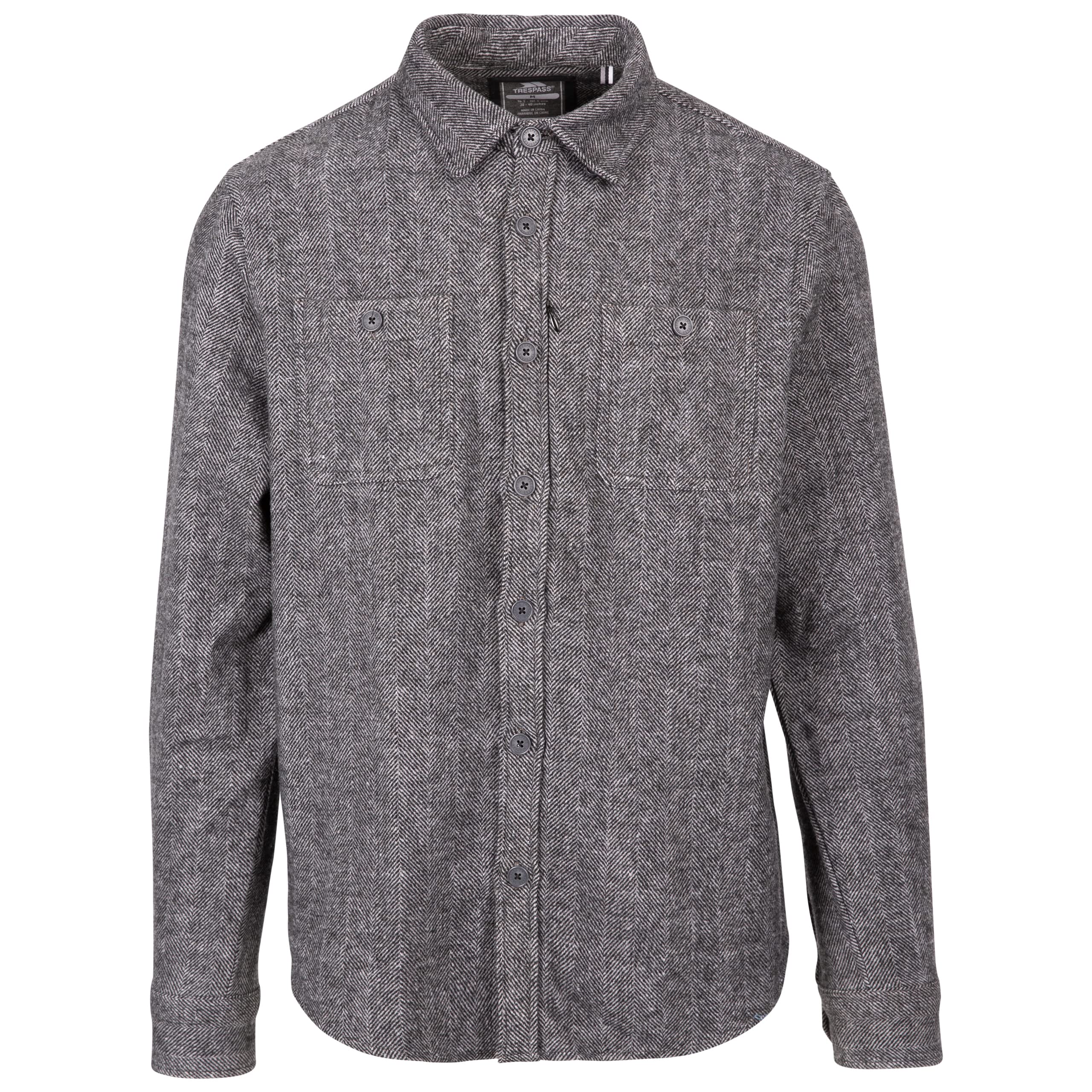 Trespass Men's Grey Shirt Casual Woven Herringbone Pockets Button Up Potsgrove