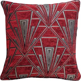Art Deco Cushion Cover. Double Sided Luxury Velvet Chenille. Red Silver Retro Design. 17"x17" Square Pillow. Geometric bold design. 20s and 30s style. Handmade in the UK.