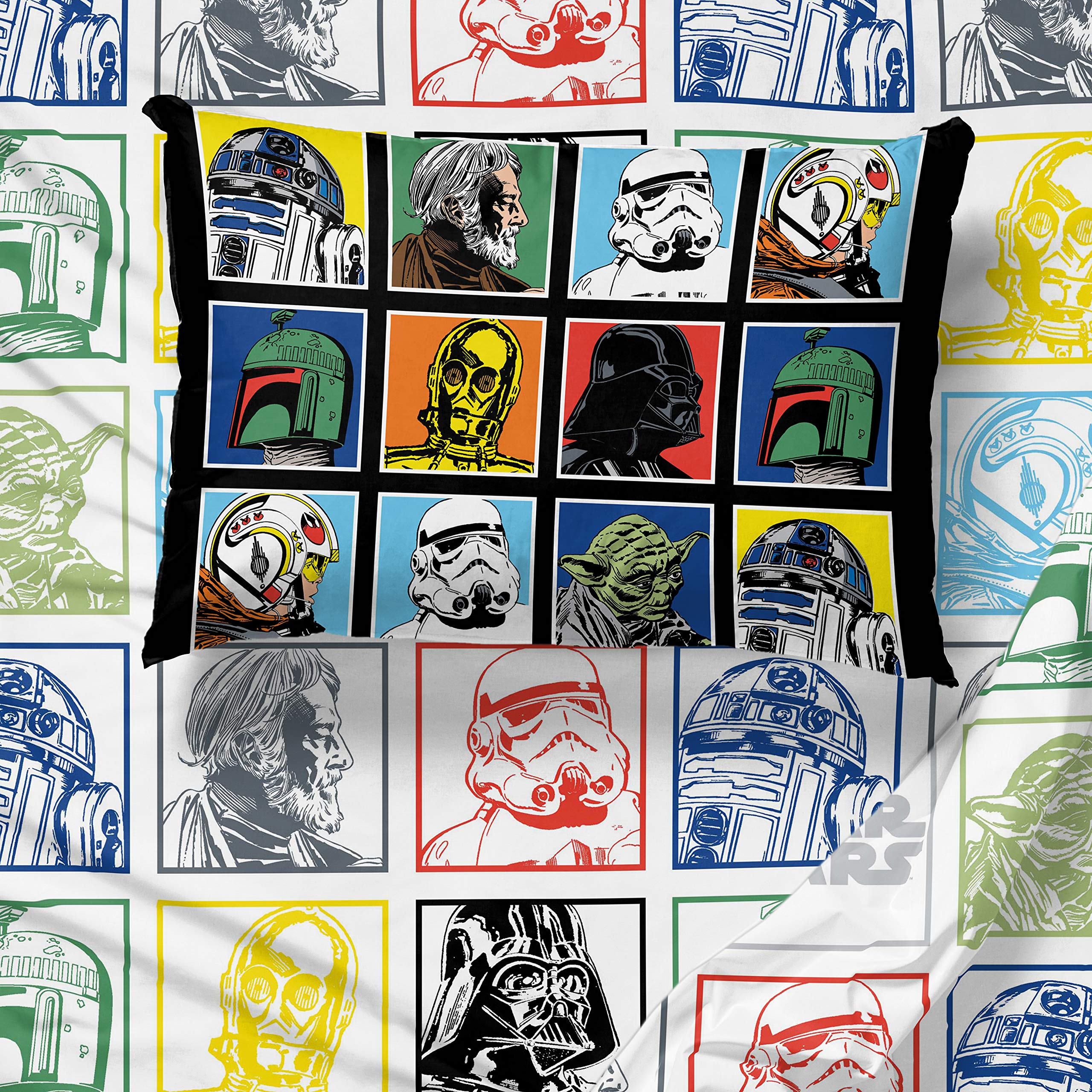 Star Wars Classic Grid Reversible Full Comforter - Darth Vader, R2-D2, Chewbacca Bedding, 76" X 86", Microfiber
