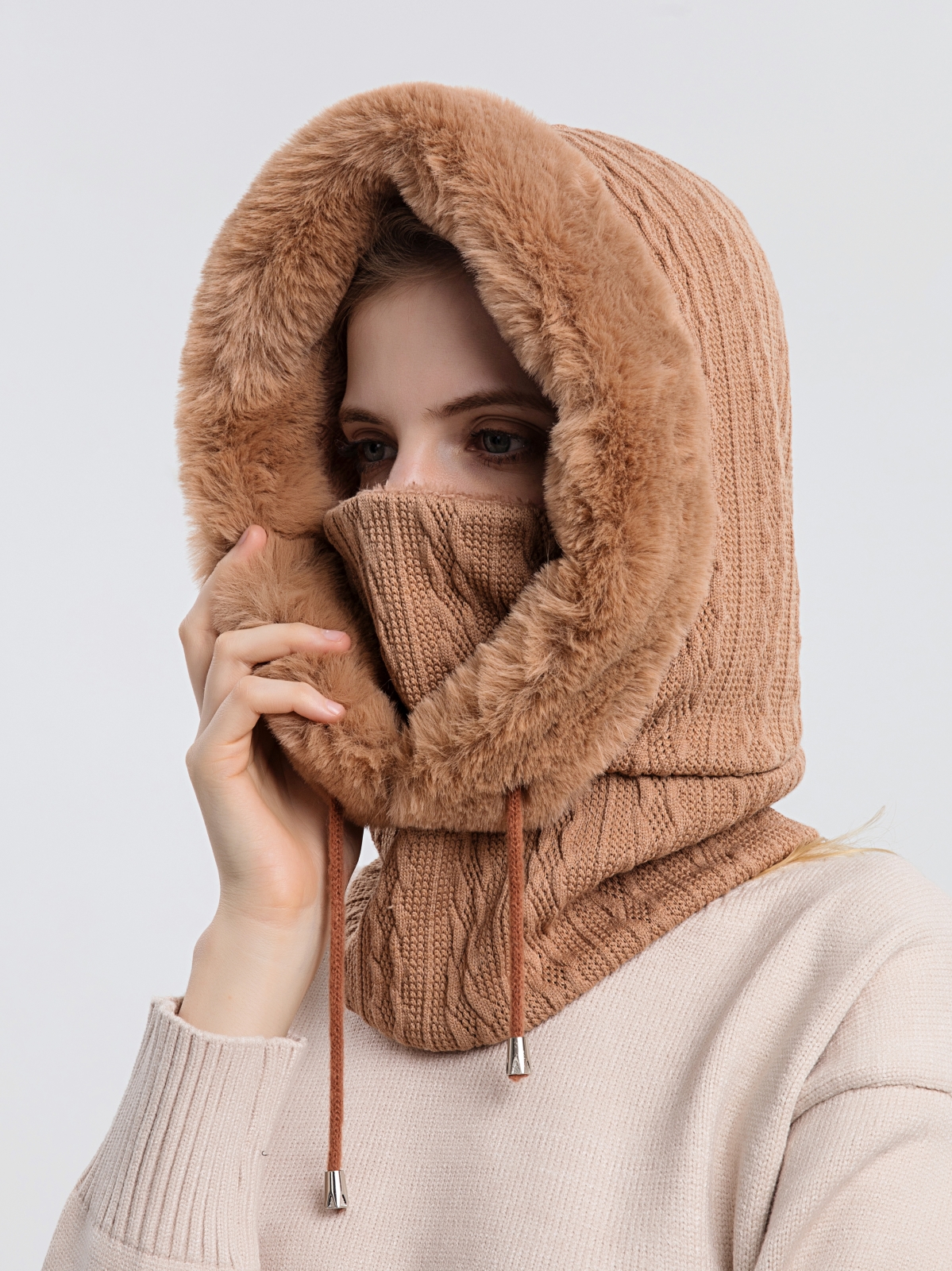 Obosoyo Warm Cozy Knitted Balaclava Beanie Scarf with Faux Fur