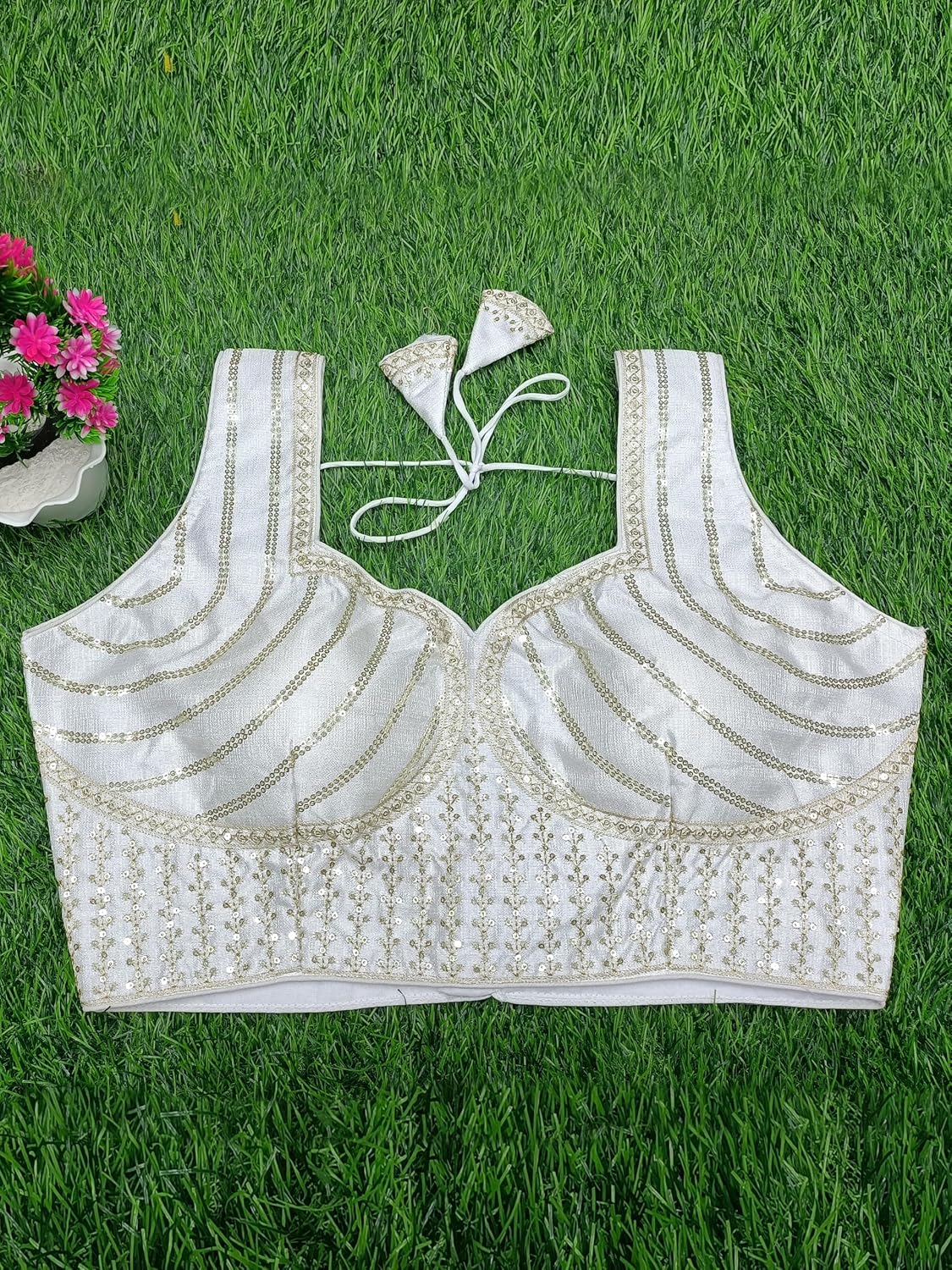 TRENDMALLS Women's Dhupion Silk Embroidery Sequence Work Sleeveless Blouse Choli Stylish Blouse Ready to Wear Free Size