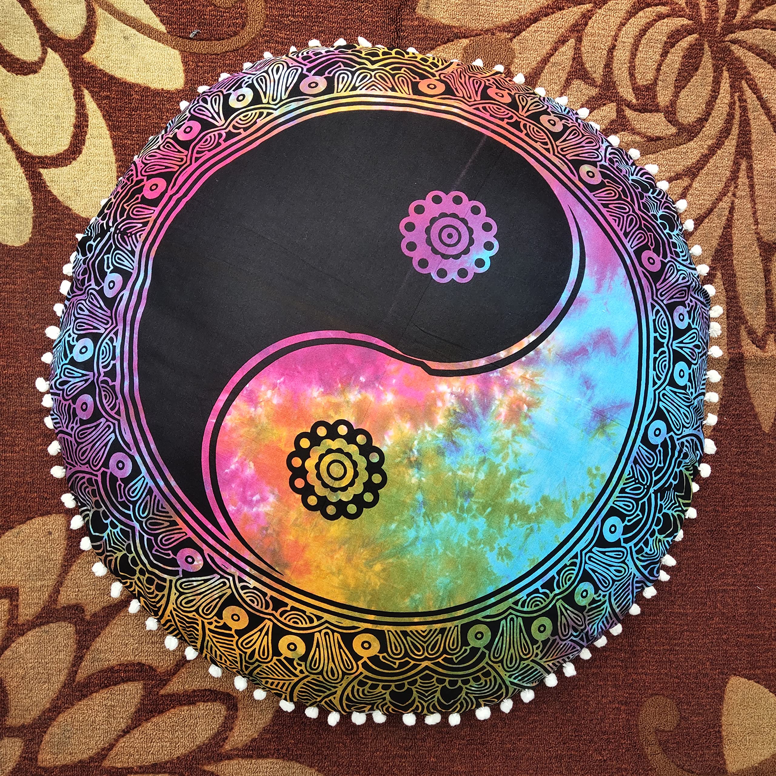 My Dream Carts32 Inch Floor Pillow “Cover Only” Large Tie Dye Hippie Mandala Ying Yang Cushion Cover Pouf Case Round Bohemian Yoga Pillowcase Mandala Home Decor (32” Pillow Cover ,Without Filler)