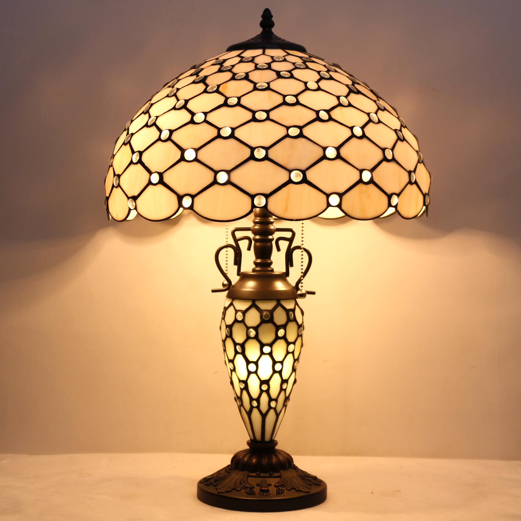 Image of WERFACTORY Tiffany Lamp Cream Stained Glass Mather-Daughter Vase Table Lamp