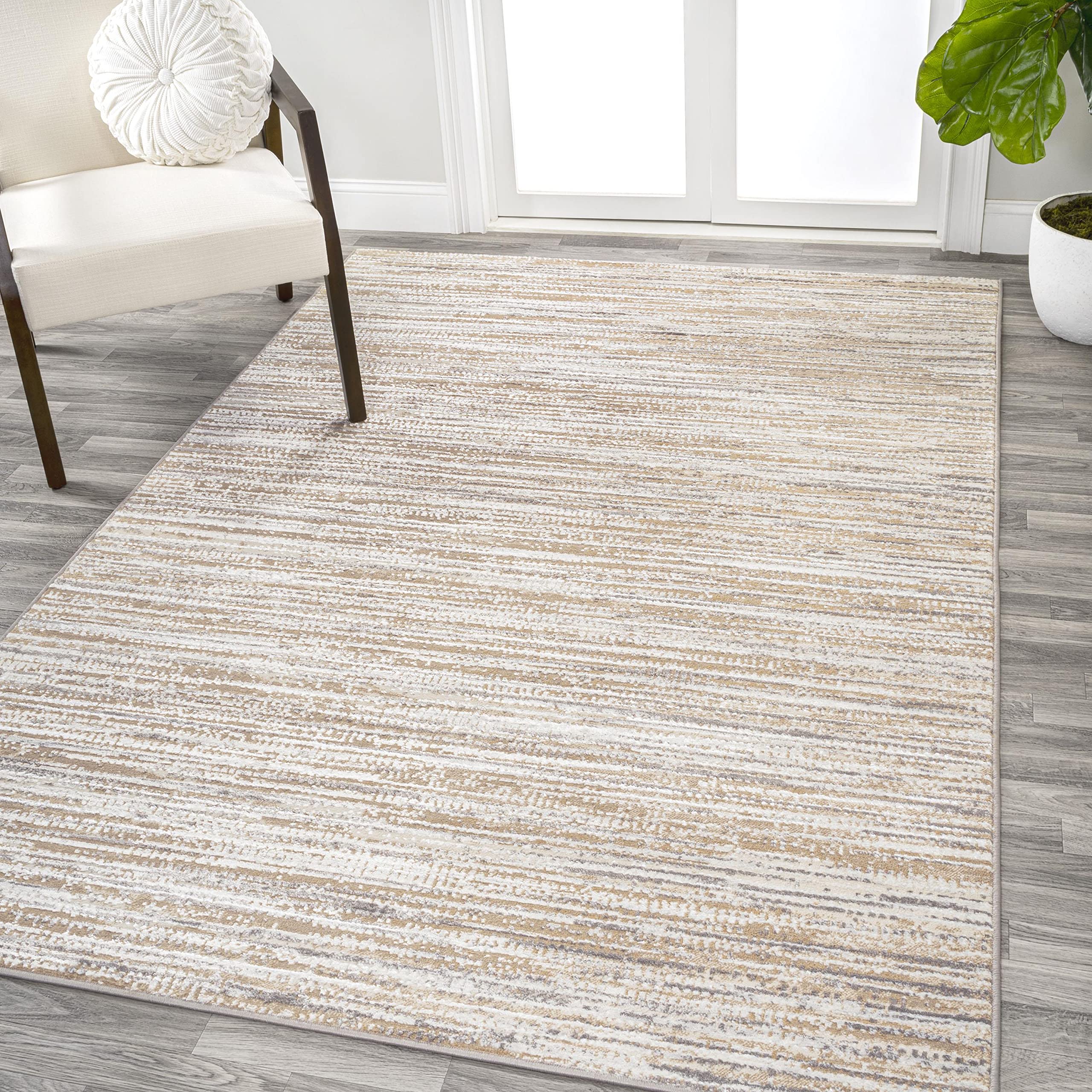 SIMILAR TO STOCK PHOTO UNKNOWN SIZE JONATHAN Y SOR200D-4 Loom Modern Strie' Indoor Area Rug, Solid & Striped, Transitional, Traditional, Bedroom, Kitchen, Living Room, Easy-Cleaning, Non-Shedding, 4 X 6, Beige/Gray