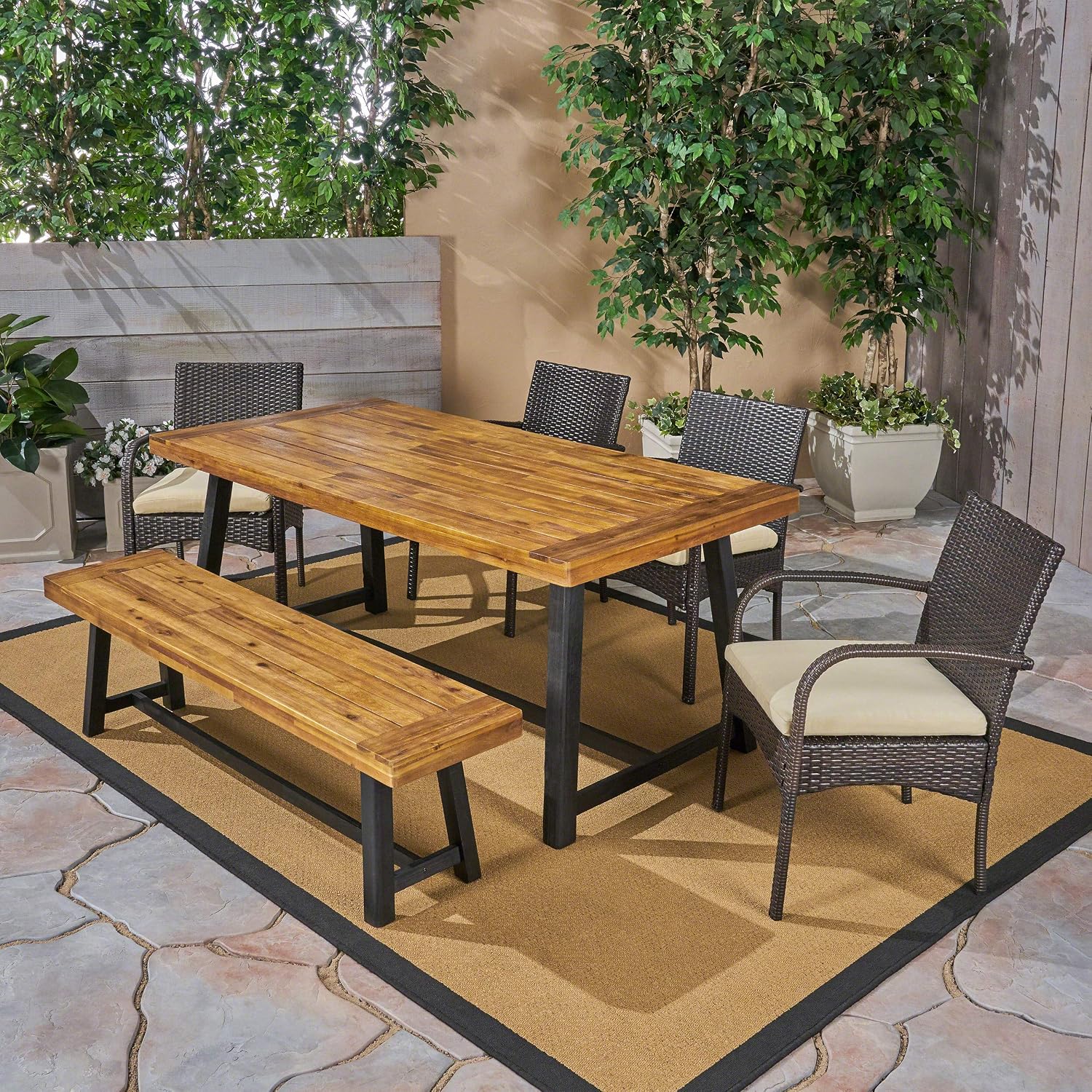 GDFStudio Outdoor 6 Piece Dining Set with Wicker Chairs and Bench, Sandblast Teak and Multi Brown and Cream