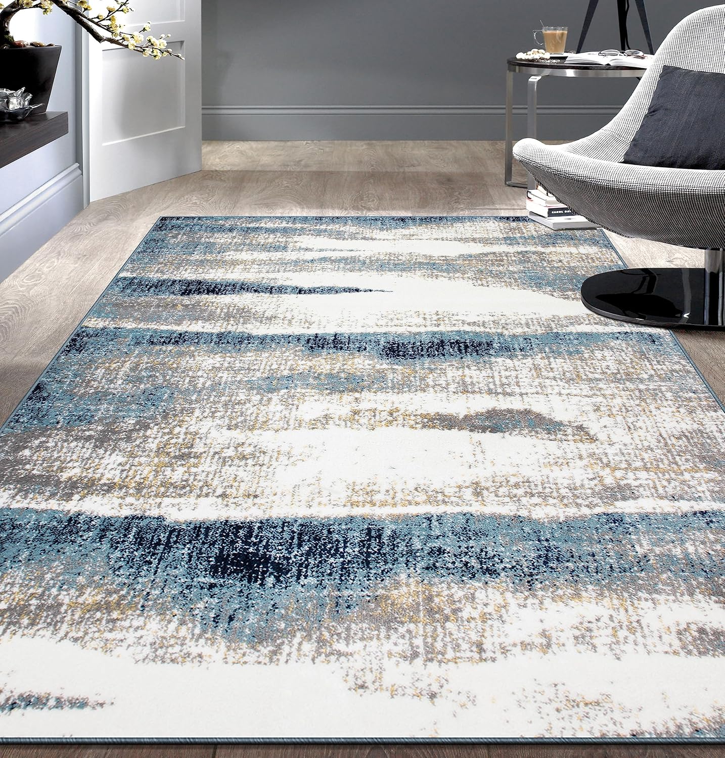 Modern Abstract Waves Area Rug 7'10" x 10' Blue
