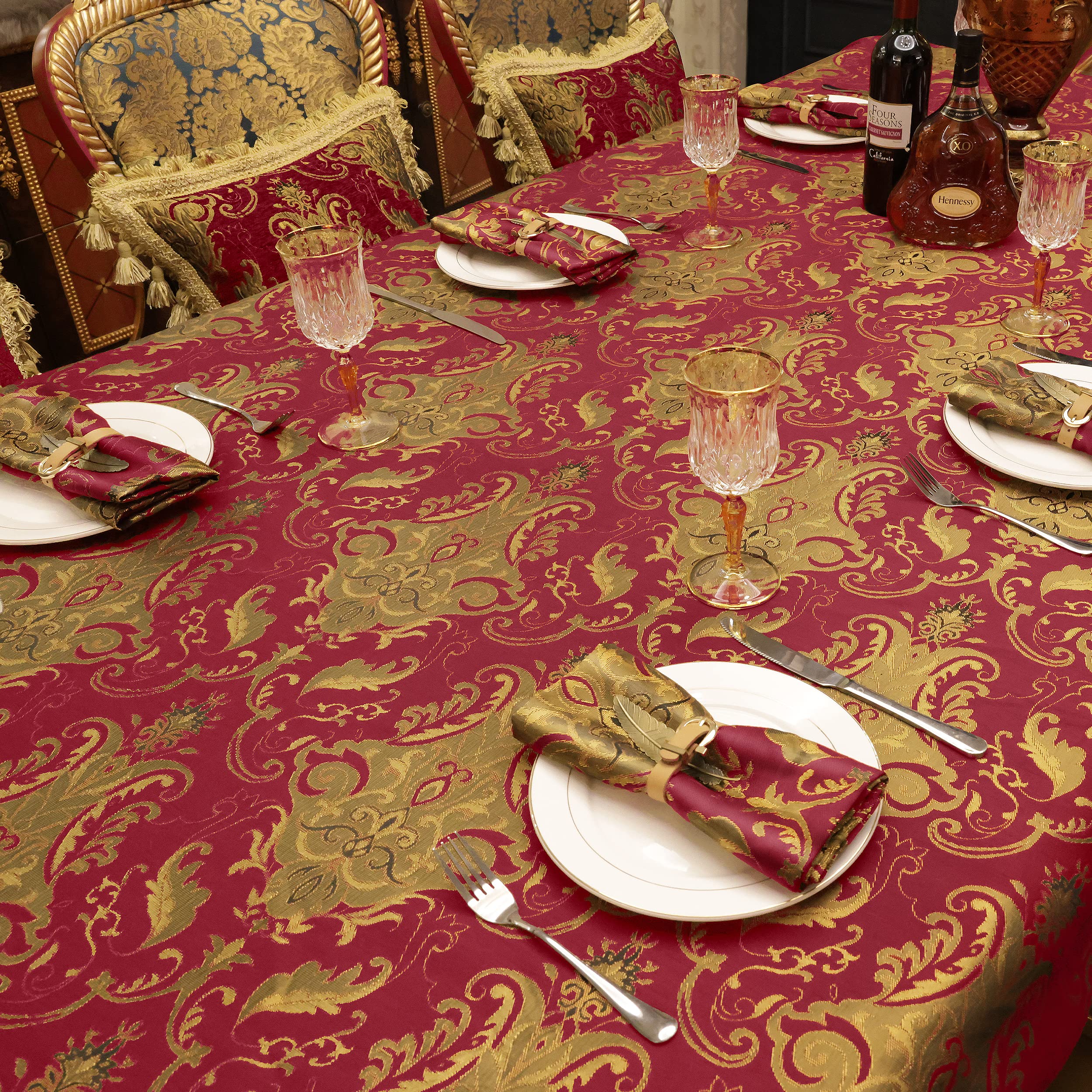 Tovaglia Damascata con Nappe, Tovaglia Rettangolare Decorativa, Copritavolo per Tavolo da Pranzo Cucina Soggiorno Festa (140x200cm, Rosso)