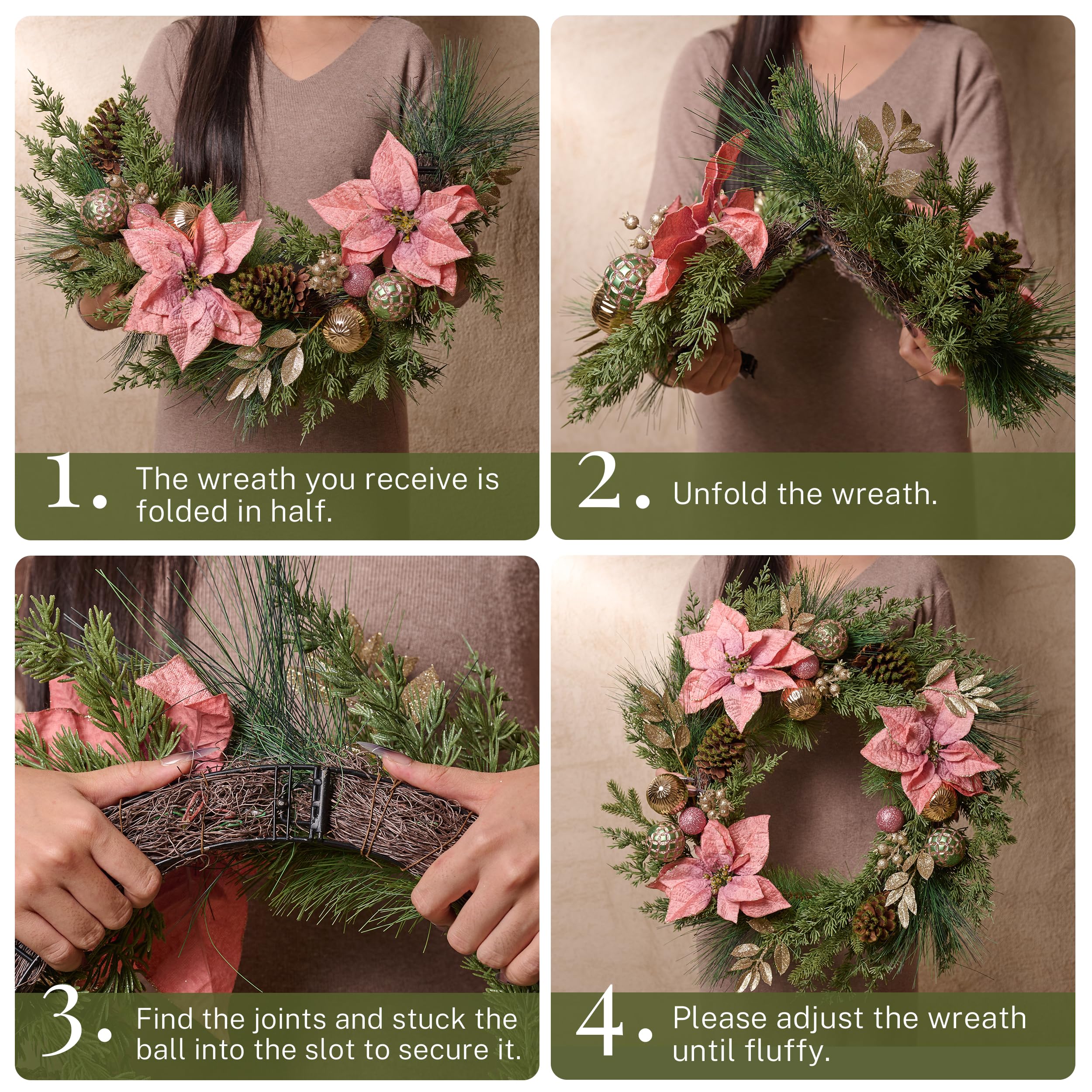 Decorbyhannah Couronne de Saint-Valentin pliable de 61 cm pour porte d'entrée avec lumières, décoration de Saint-Valentin artificielle avec fleurs roses pour fenêtre de table (rose doré)