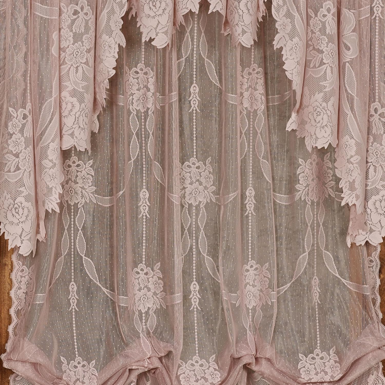 Romantic Garland Lace Window Treatment | Victorian Rose | Hand-Cut Floral and Leaf Designs in Solid Color Fine-Gauge Polyester Jacquard Lace | Rod Pocket Drapery Set: Balloon Shade & Swag Valance Pair