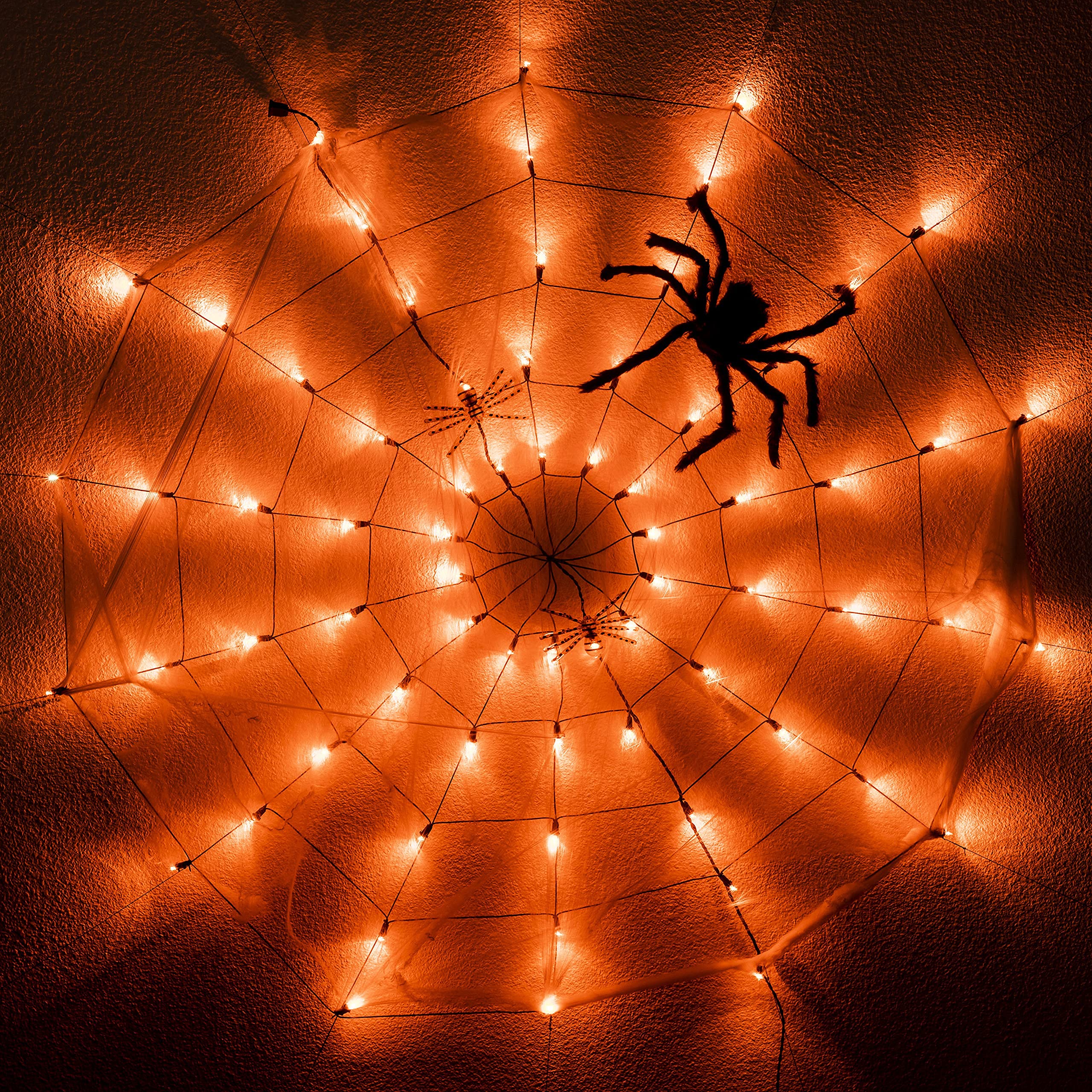 60" LED Spider Web Light with Cobweb, 2 Small Spiders and 1 Black Hairy Spider, 70 LED Orange Spider Web for Indoor and Outdoor, Front Porch, Doorway, Yard, Trees, Haunted House Halloween Decorations