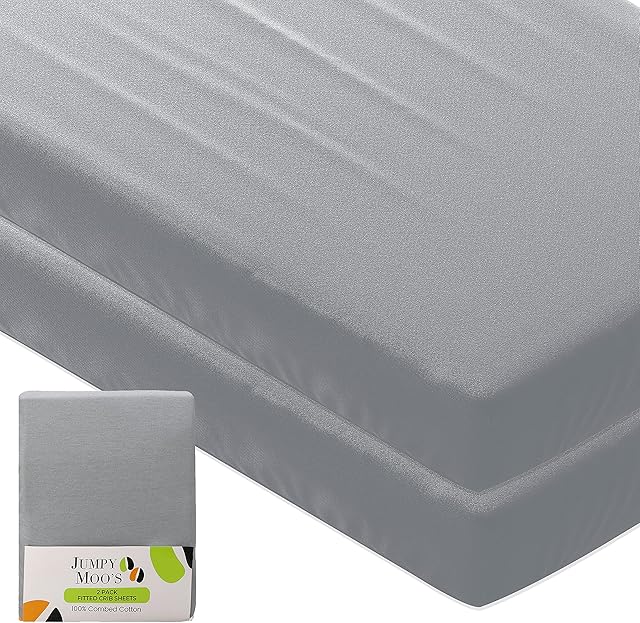 JM Premium 2 x Cot Bed Sheets 140 x 70 fitted, 100% Combed Cotton, Super Soft, Durable & Breathable 145 GSM Crib Sheets, 140x70cm/120x60cm with 15cm Deep pockets (Grey)