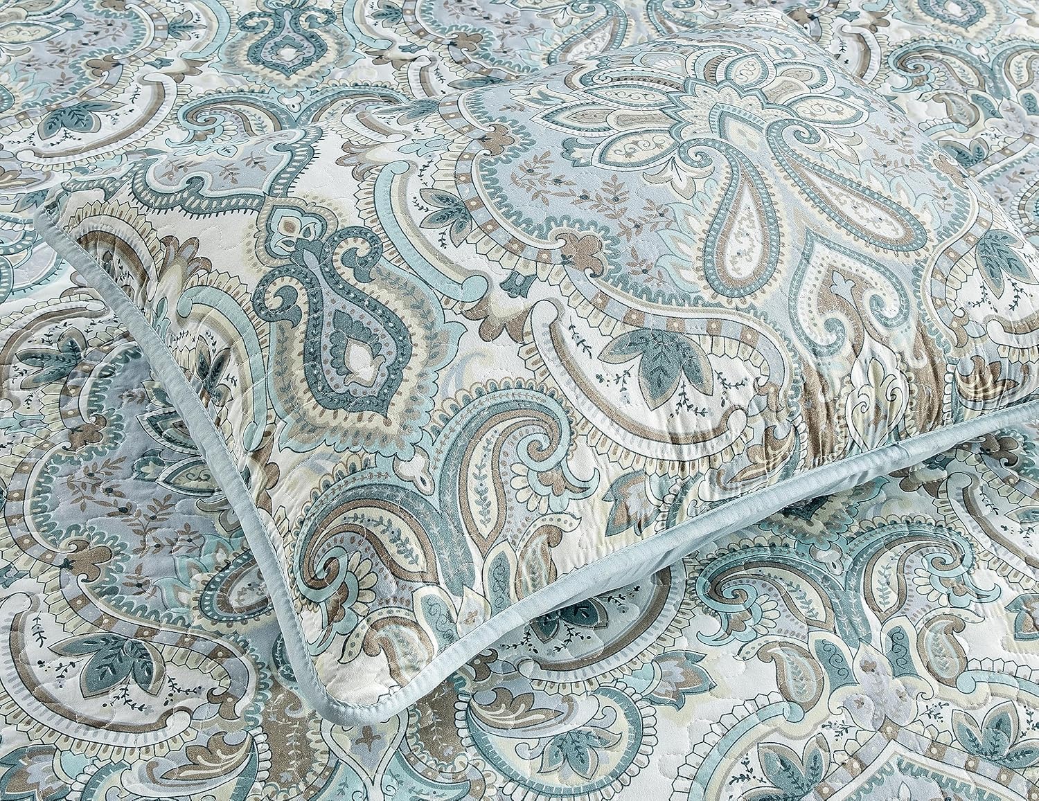 Grand Linen 3-Piece Oversized Lightweight Quilt Set in California King 118” x 95” – Soft Microfiber Bedspread with 2 Shams – Pale Blue, Muted Aqua & Grey Colors - Paisley Design - Reversible Coverlet - Image 8