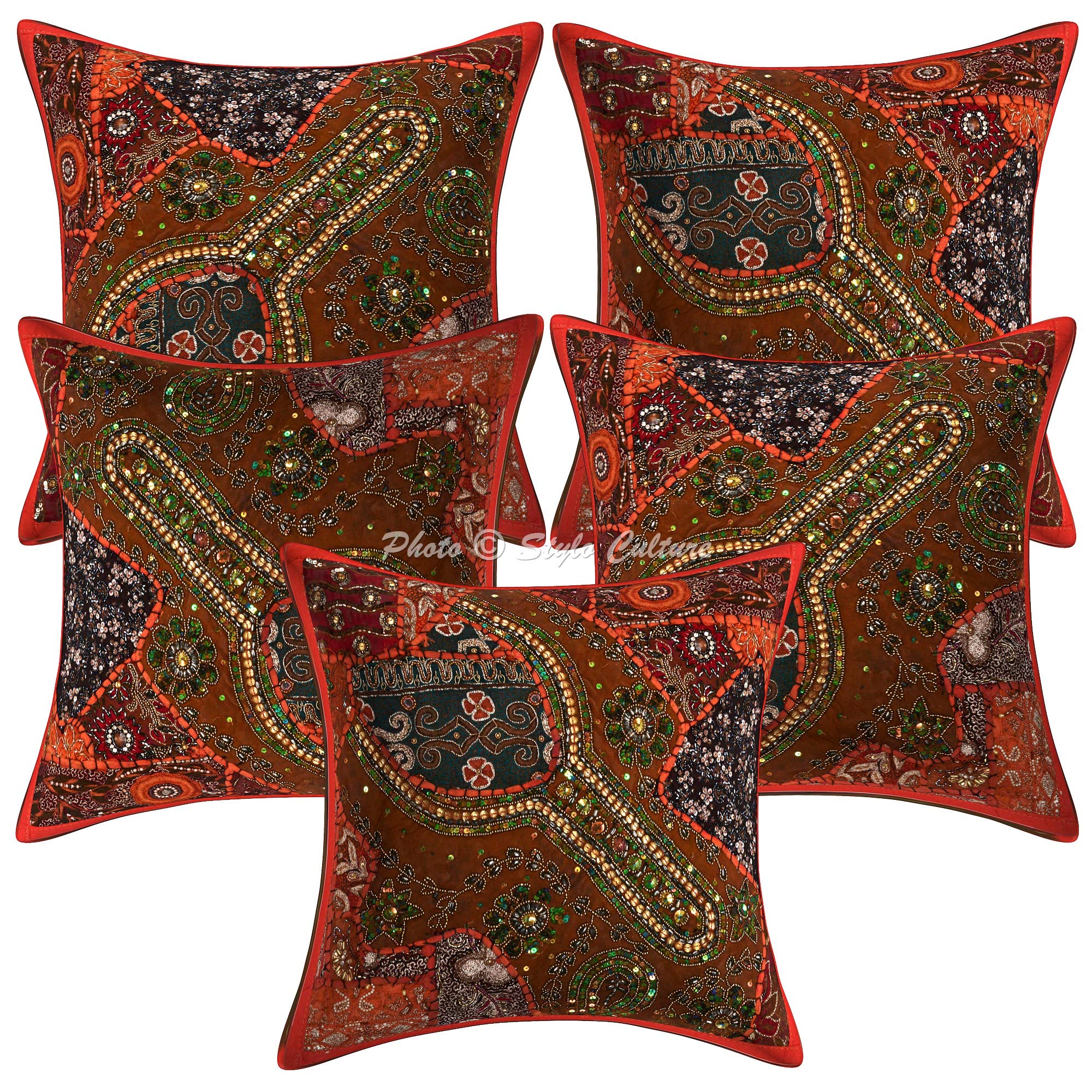 Etnico Fodere Per Cuscini 40x40 cm Decorativo Sedie Divano Design Del Collo Patchwork Ricamato Con Perline Arancia Quadrato Elegante 16x16 pollici Federe Per Cuscino Poltrona - 5 pezzi