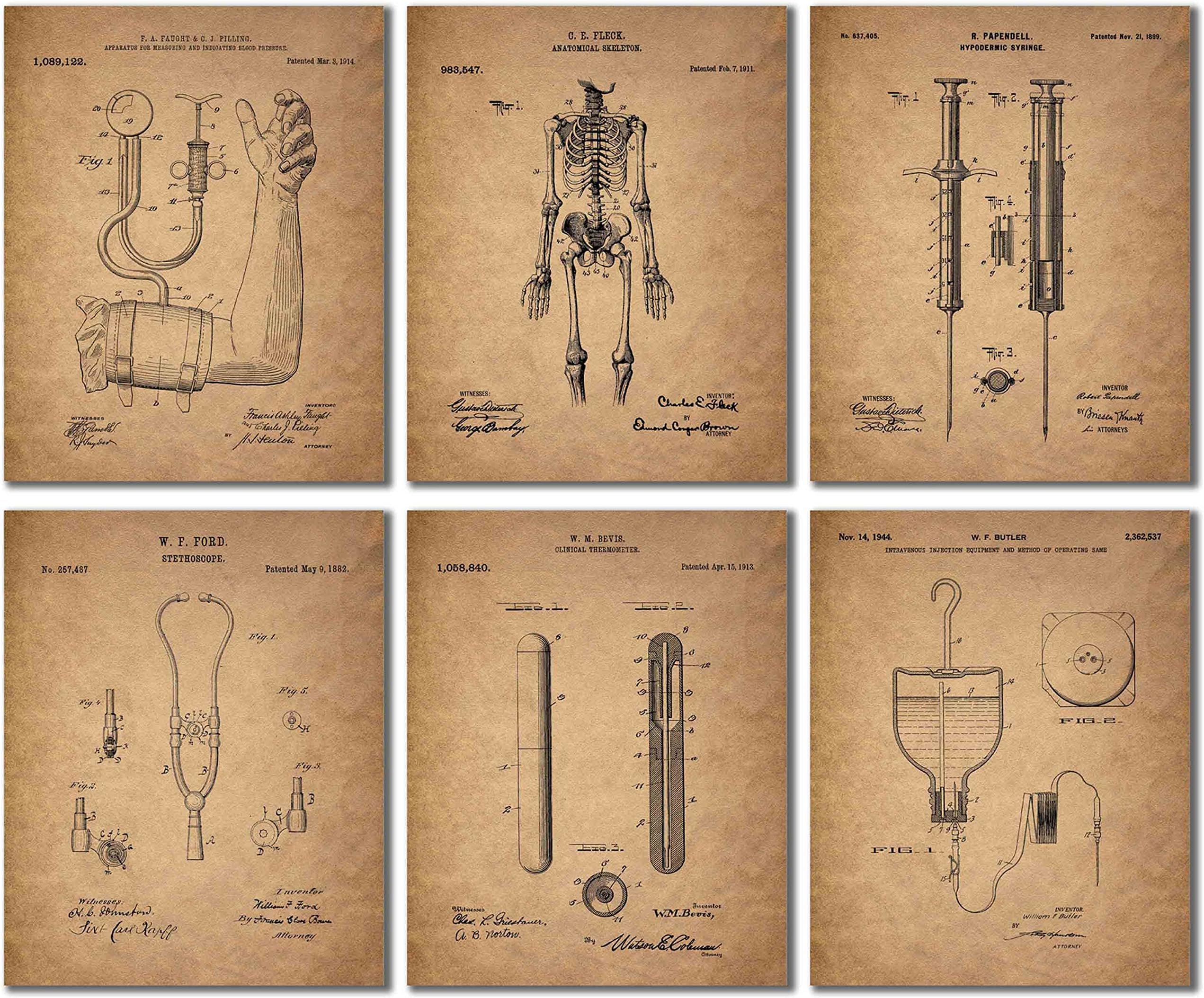 Doctor and Nurse Patent Wall Art, Vintage Medical Posters Featuring Classic Medical Inventions, Perfect for Clinics, Hospitals, or Offices - Unframed Set of 6 (8x10)