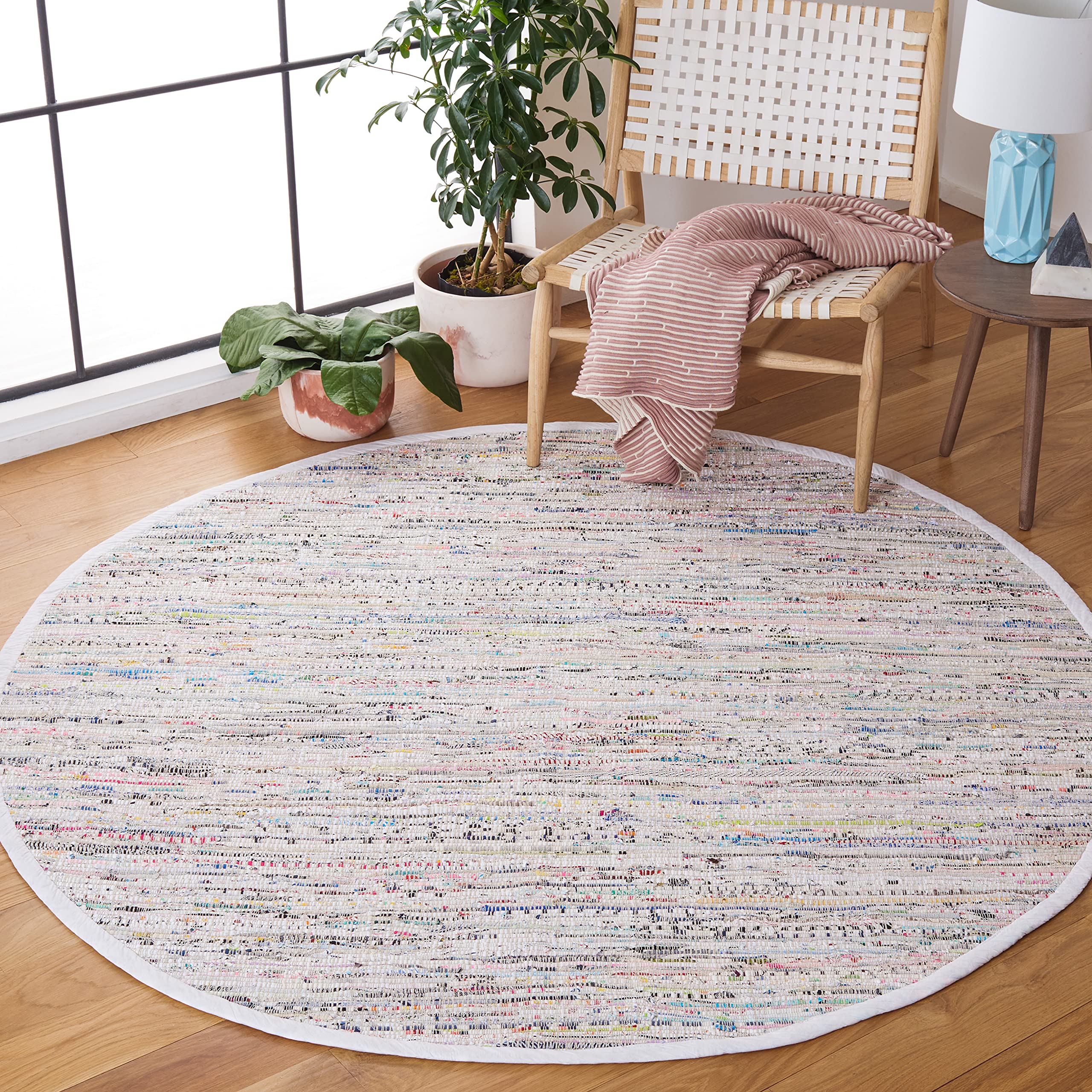 SAFAVIEH Rag Rug Collection 5' Round Ivory/Multi RAR121G Handmade Boho Stripe Cotton Area Rug