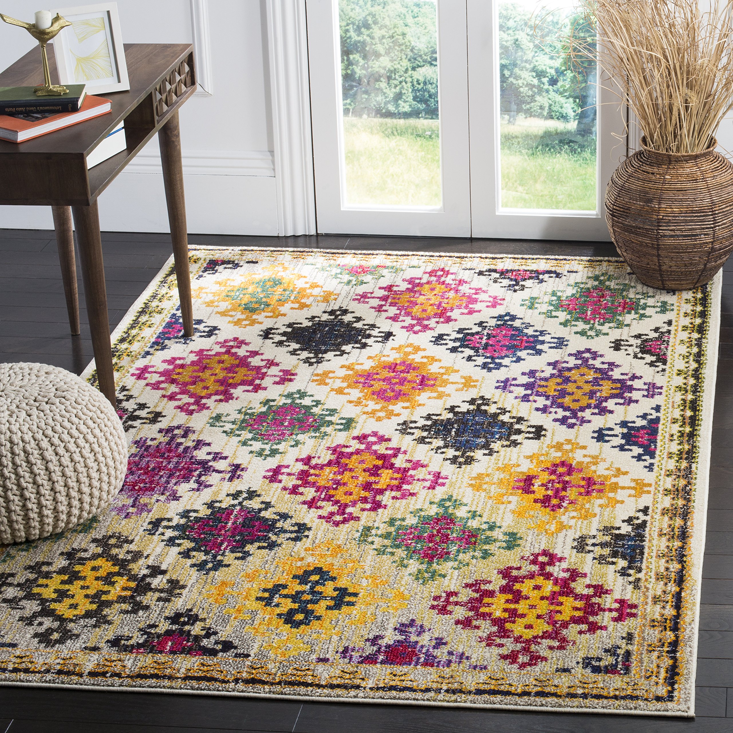 Safavieh Boho Chic Indoor Woven Rectangle Area Rug, Monaco Collection, MNC244, in Ivory / Multi, 91 X 152 cm for Living Room, Bedroom or Any Indoor Space