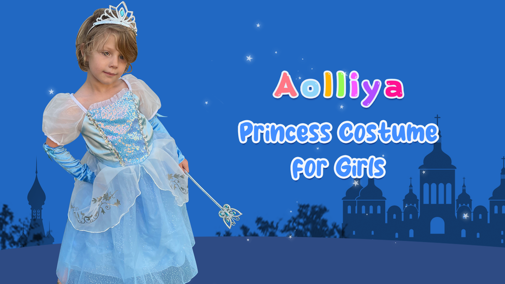 Vestido Princesa para Niñas Manga Abullonada Azul miniatura 7
