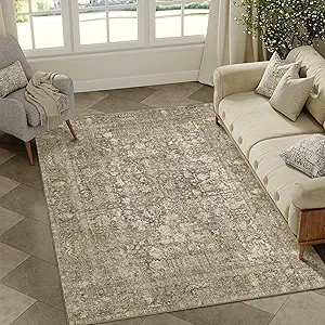 Brown Area Rug 4x6 Office Entryway Rug Machine Washable Kitchen Vintage Distressed Non Slip Carpet Indoor Retro Floral Accent Throw Door Mat for Bathroom Bedroom Dining Living Room