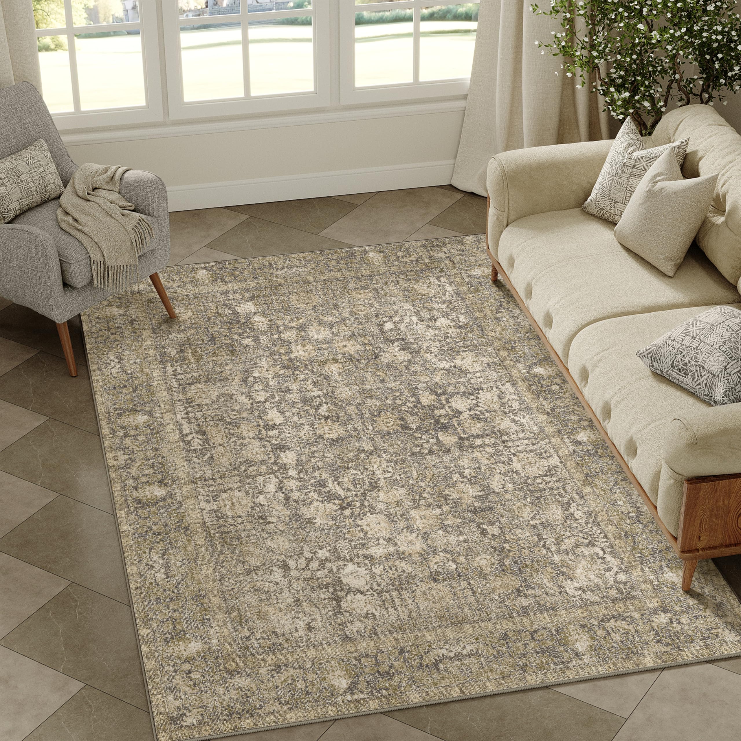 HUGEAR Vintage Tappeto Salotto Marrone Tappeti 120x180cm Soggiorno Antiscivolo Lavabile in Lavatrice Tapette Camera da Letto Sala Ufficio Bambina Bambino Pelo Corto Grande Carpet