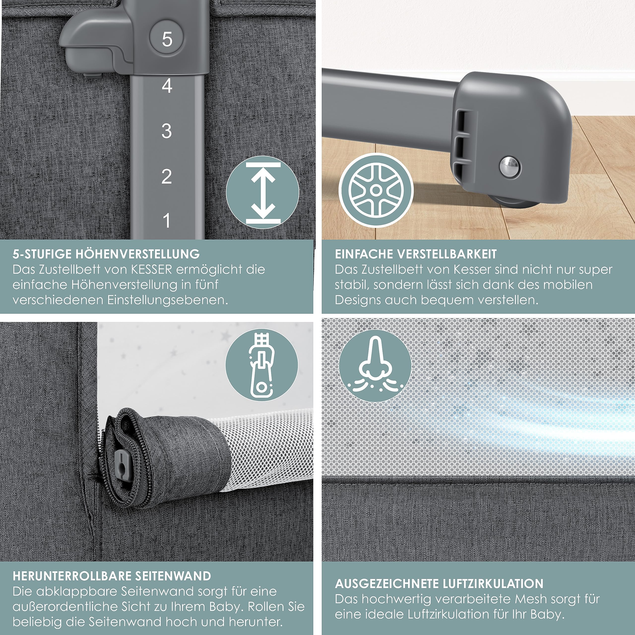 KESSER® Lit d'Appoint Hubi 3 en 1 | Supplémentaire pour Bébé | de Voyage | avec Matelas Souple | pour Enfant à Roulettes | Réglage de la Hauteur sur 5 Positions (Dunkelgrau)