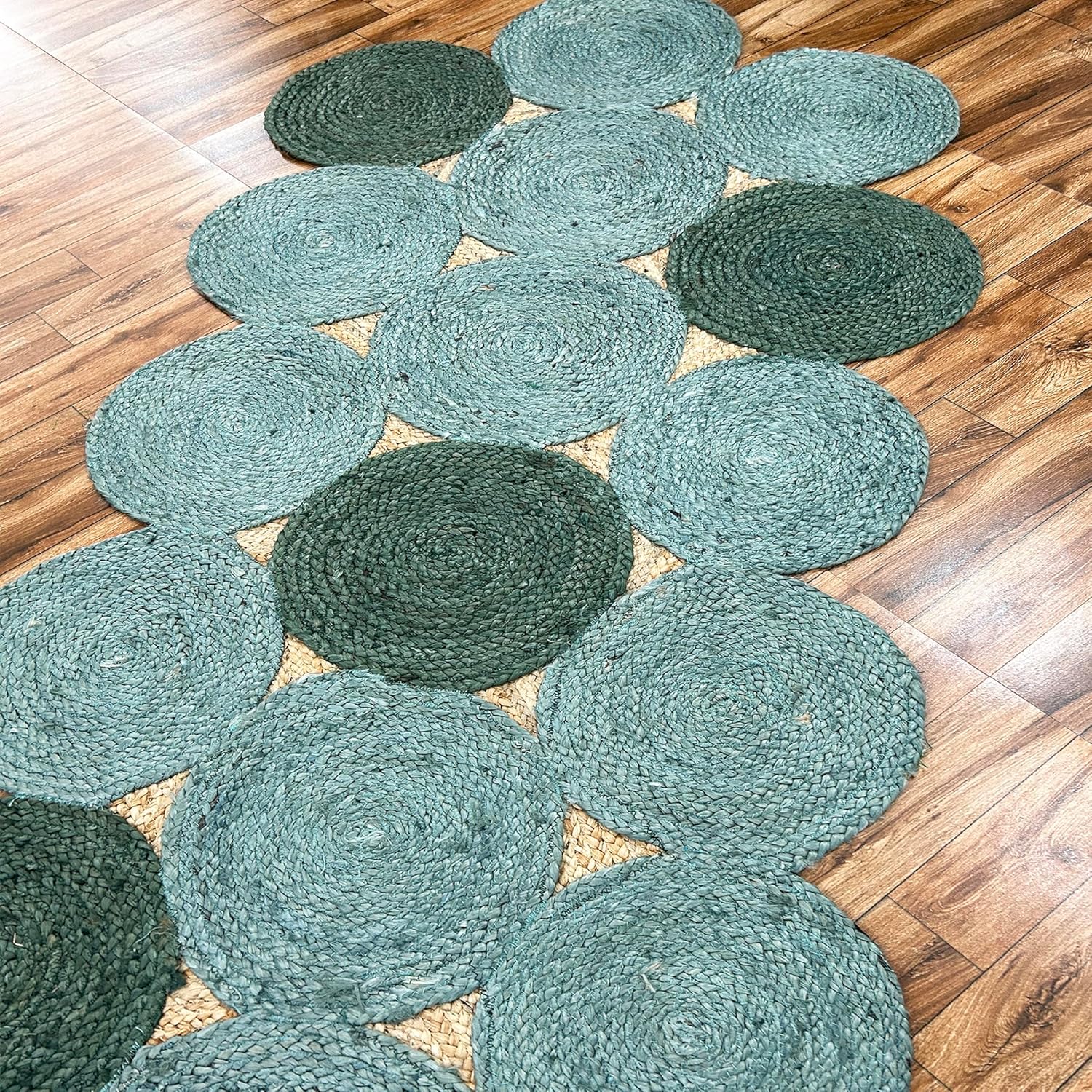 Jute Scalloped Rug 12x15 Indian Jute Hand Woven Area Rugs Thick 0.27" Geometric Green & Beige Rugs for Kids Room Bedroom Dining Table Area Decorative Floor Carpet