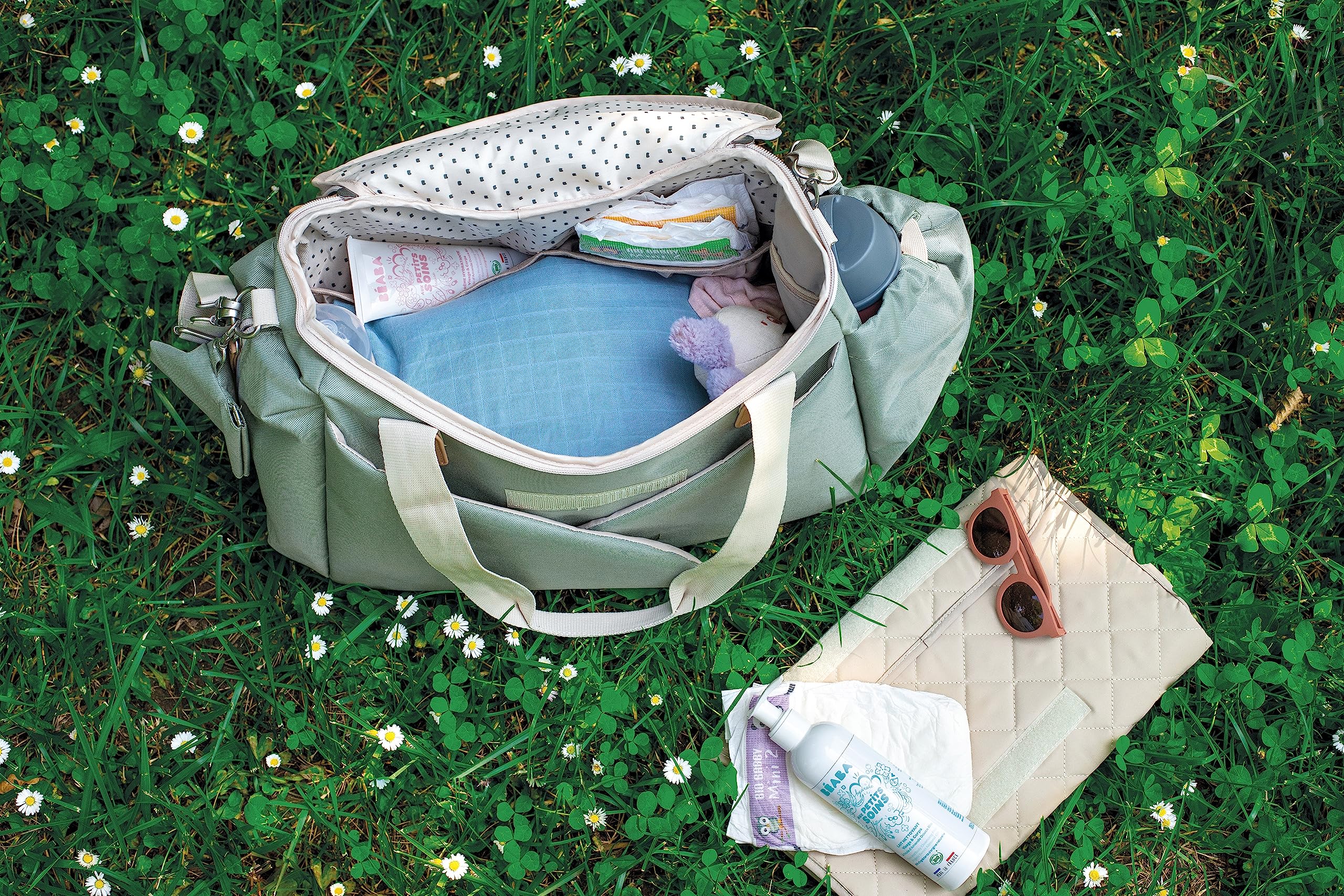 BÉABA, Sac à Langer Sydney II, Modulable, Grande contenance, Rangements multiples, espace à cocoon, Pochette repas isotherme, Système attache poussettes, Anses transport, Vert Sauge