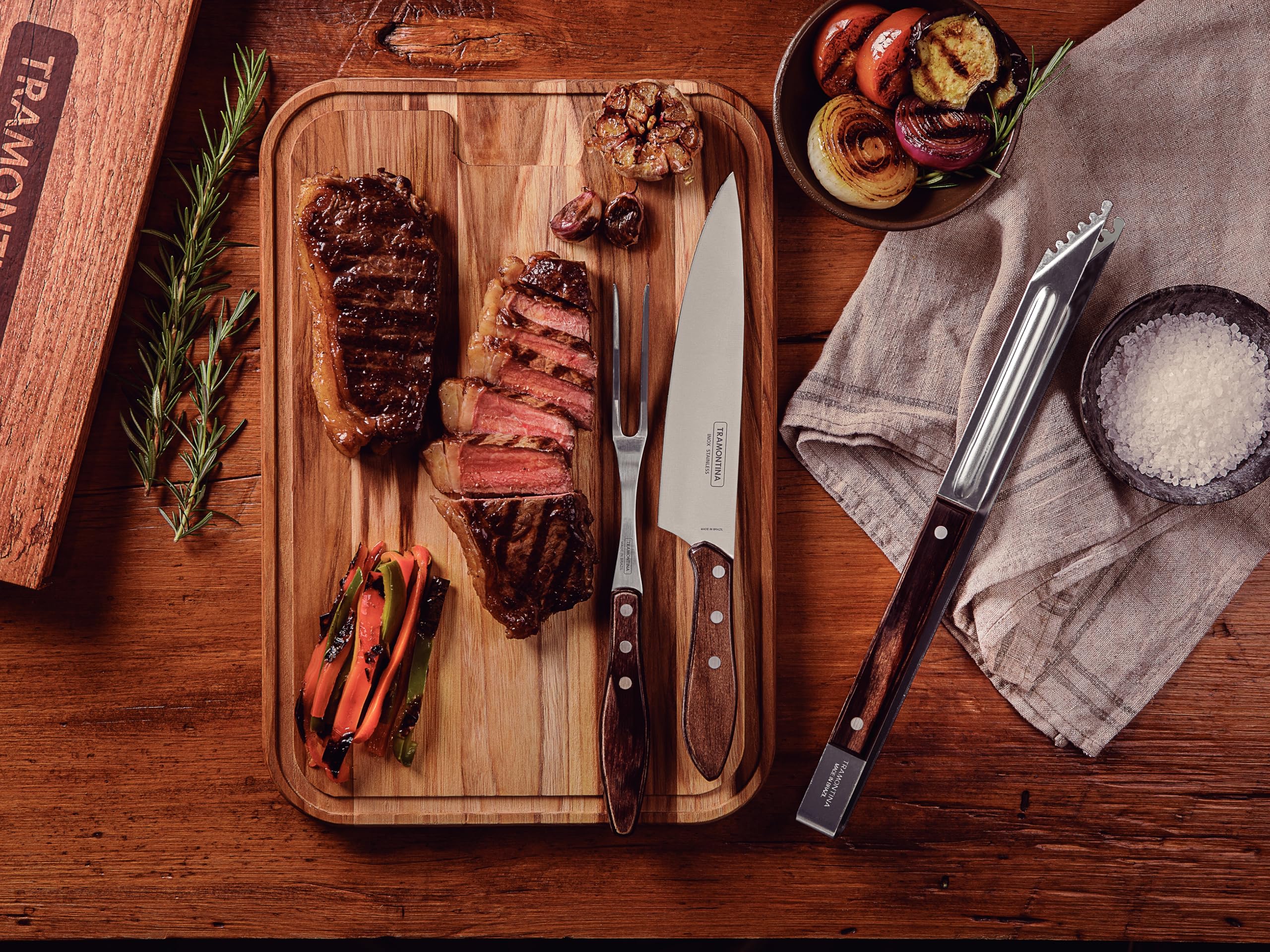 Tramontina Set Utensili per Carne Manico in Legno Polywood Castagno 3 Pezzi