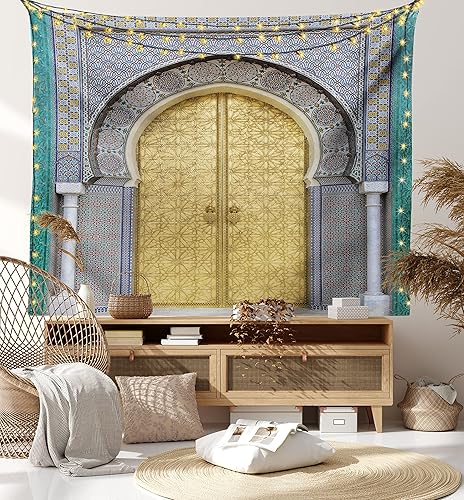 Miniatura 7 de Ambesonne Tapiz marroquí, puertas antiguas, pomo amarillo marroquí, tallado intrincado, para colgar en la pared de dormitorio, sala de estar,