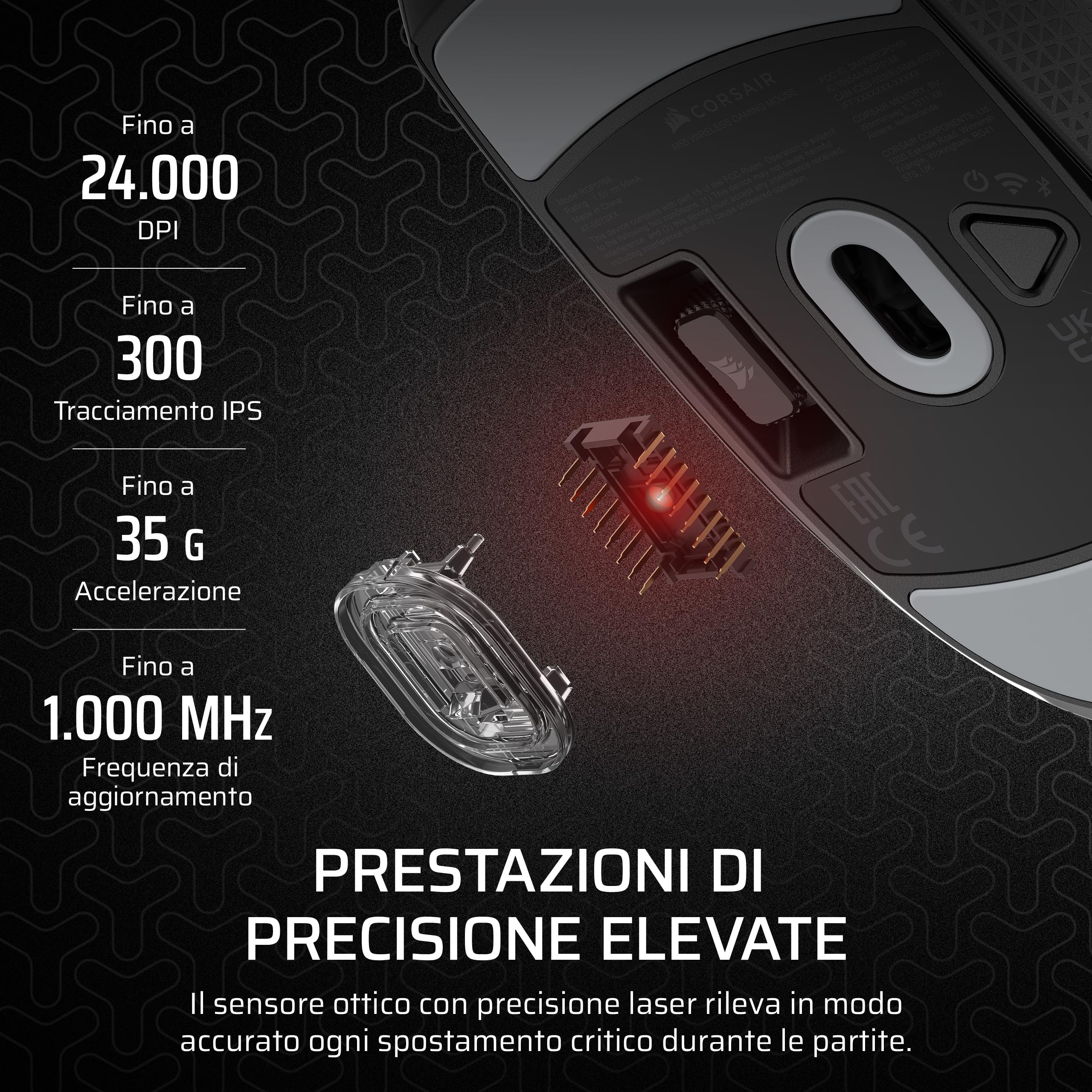 Corsair M55 WIRELESS Mouse da Gioco FPS Leggero – Nero | 2.4GHz & Bluetooth, 24.000 DPI, Batteria di Lunga Durata, Sei Pulsanti Programmabili, Impugnature Laterali Testurizzate