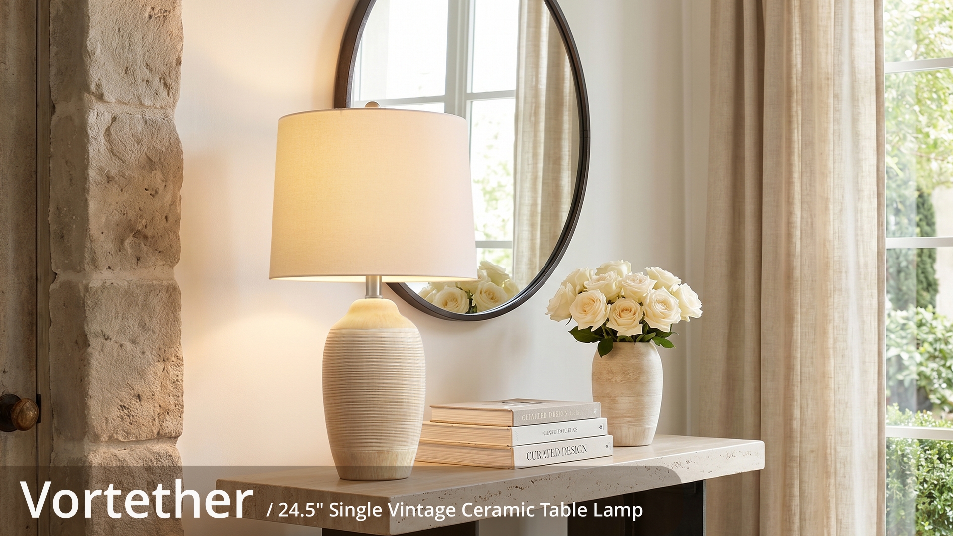 Image of 24.5 inch Ceramic Table Lamp for Living Room with Pre-Attached Shade | Single Beige Bedside Lamps, Hand-Textured Farmhouse Vintage Table Lamps for Bedroom Nightstands, Rustic Home Decor, 5FT Cord