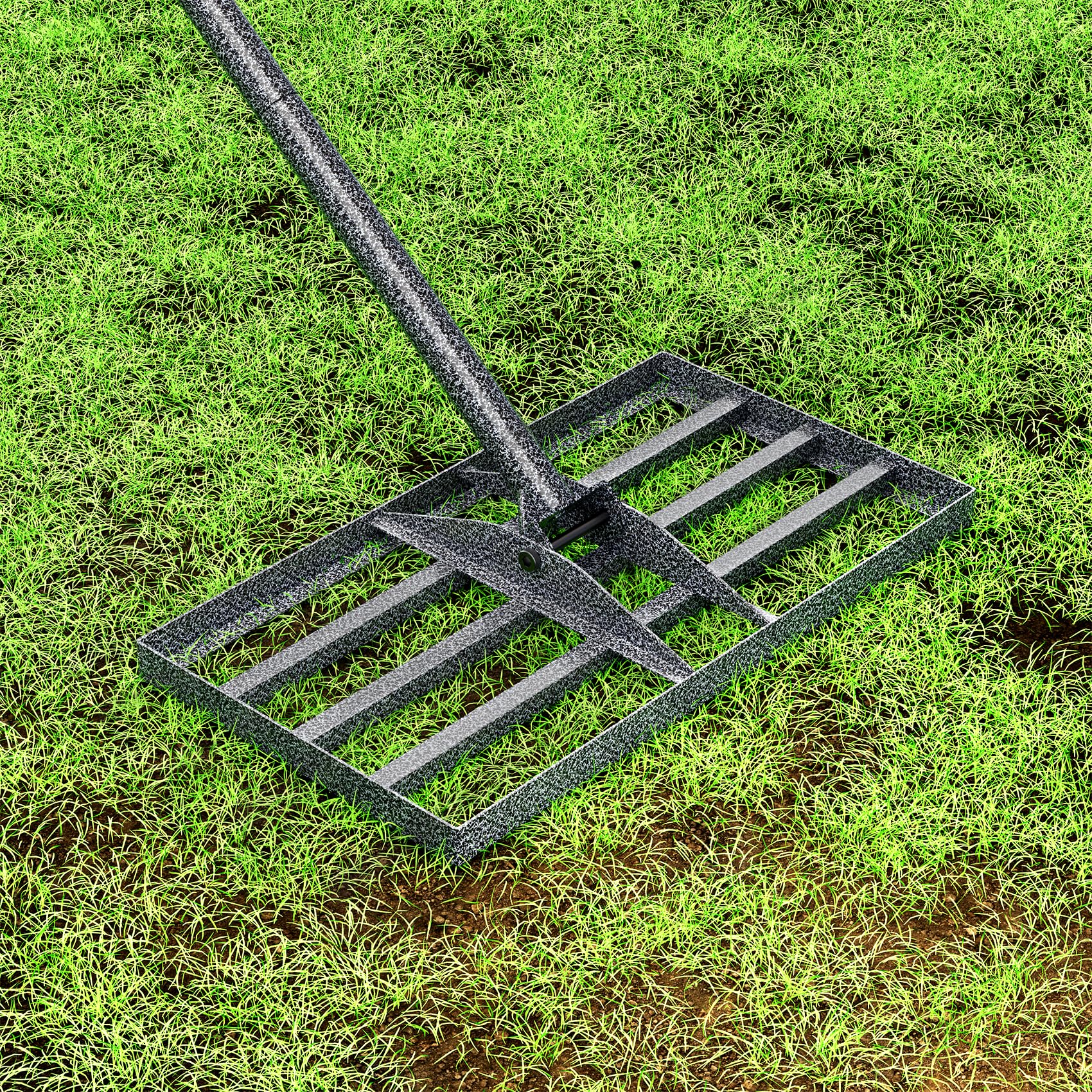 Rasenlevelrakete 43x25cm mit verstellbarem Stiel, rostschutzbeschichteter Rasenrechen aus Stahl für Garten, Hof, Golfplatz und Rasenpflege
