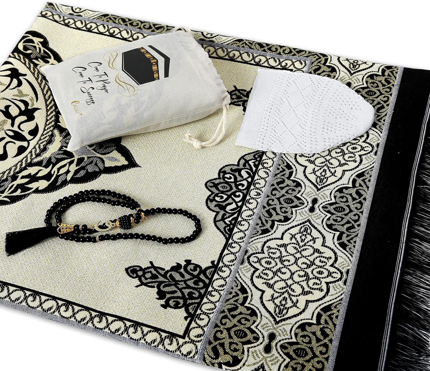 ESERRA Muslim Prayer Rug - 99 Beads & Cap Included, Islam Prayer Mats for Men, Women & Kids (Black) - Image 3