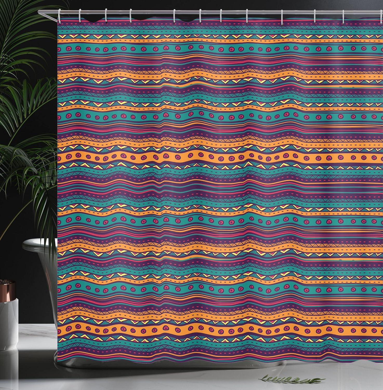 Ambesonne Tribal Shower Curtain, Striped Retro Pattern Rich Mexican Color Folkloric Print, Cloth Fabric Bathroom Decor Set with Hooks, 69" W x 84" L, Teal Plum and Orange