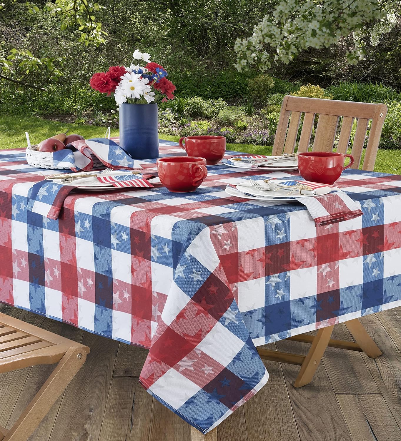 Newbridge Rectangle Fabric Tablecloth, 60 x 120 Inch, American Tossed Stars, Indoor Outdoor Stain and Wrinkle Resistant Fabric Table Cover, Red White and Blue Plaid Americana, Summer Patriotic