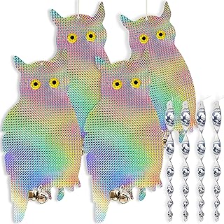 HOMESCAPE CREATIONS Owl Bird Repellent Control Scare Device - Holographic Reflective Woodpecker Deterrent With 12 inch Spi...