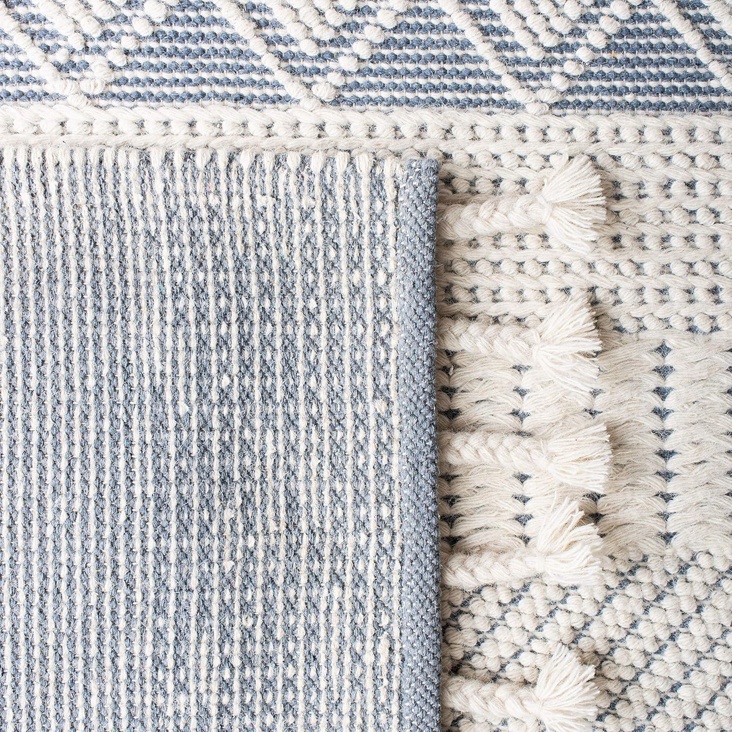 SAFAVIEH Kenya Collection Runner Rug - 2'3" x 8', Ivory & Blue, Handmade Moroccan Boho Tribal Tassel Wool, Ideal for High Traffic Areas in Living Room, Bedroom (KNY956A)