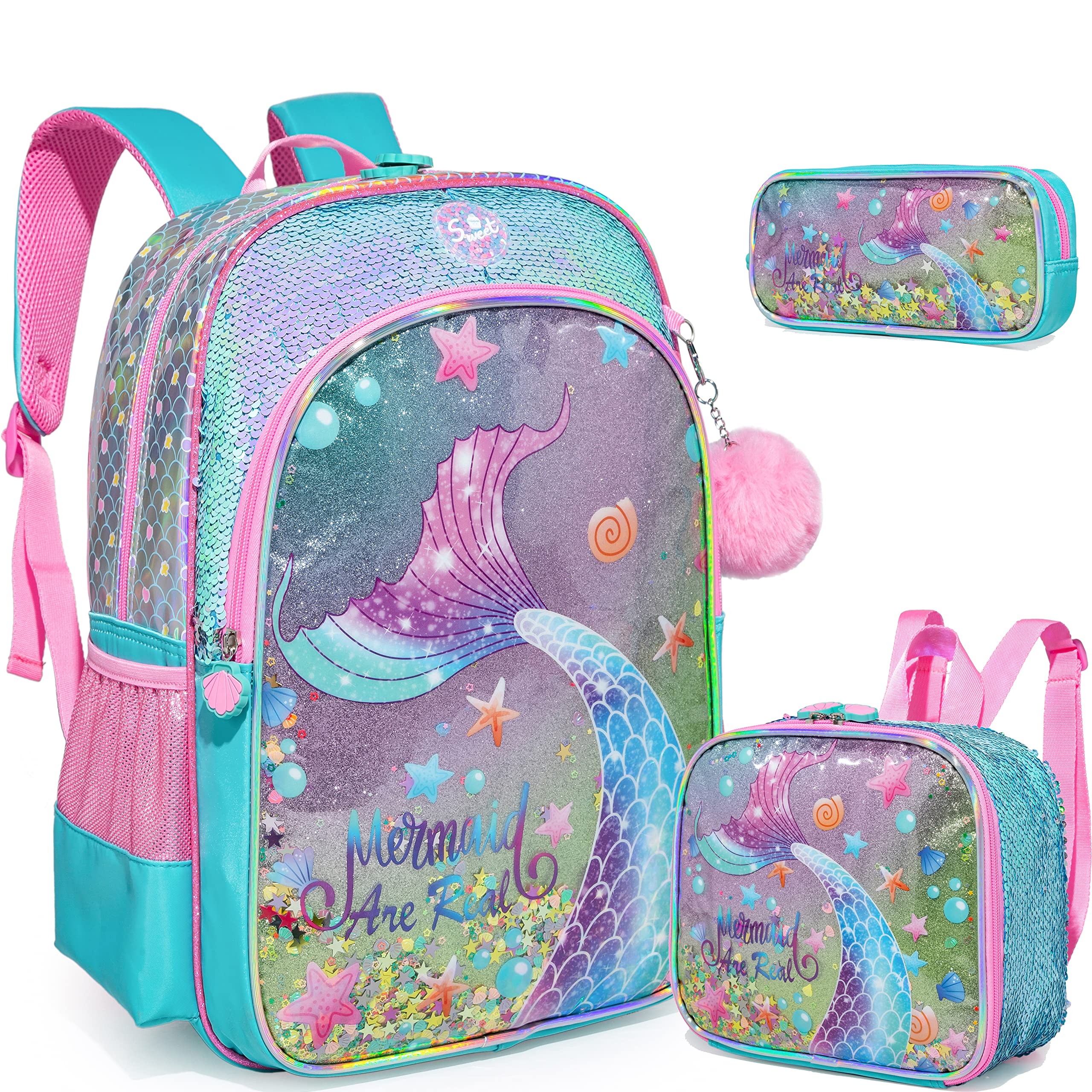 ZBAOGTW Mermaid Backpacks for Girls Kids School Cute Bookbag for Kindergarten Elementary Sequin School Backpack for Girls Lightweight SchoolBag with