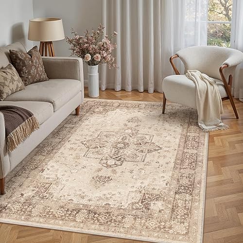 PureCozy Vintage Alfombra Salon 120x170cm Alfombras de Habitacion Marrón Carpet Lavable Lavadora Pelo Corto Rug Antideslizante Tapetes para Sala Tapete Quarto Comedor Rugs