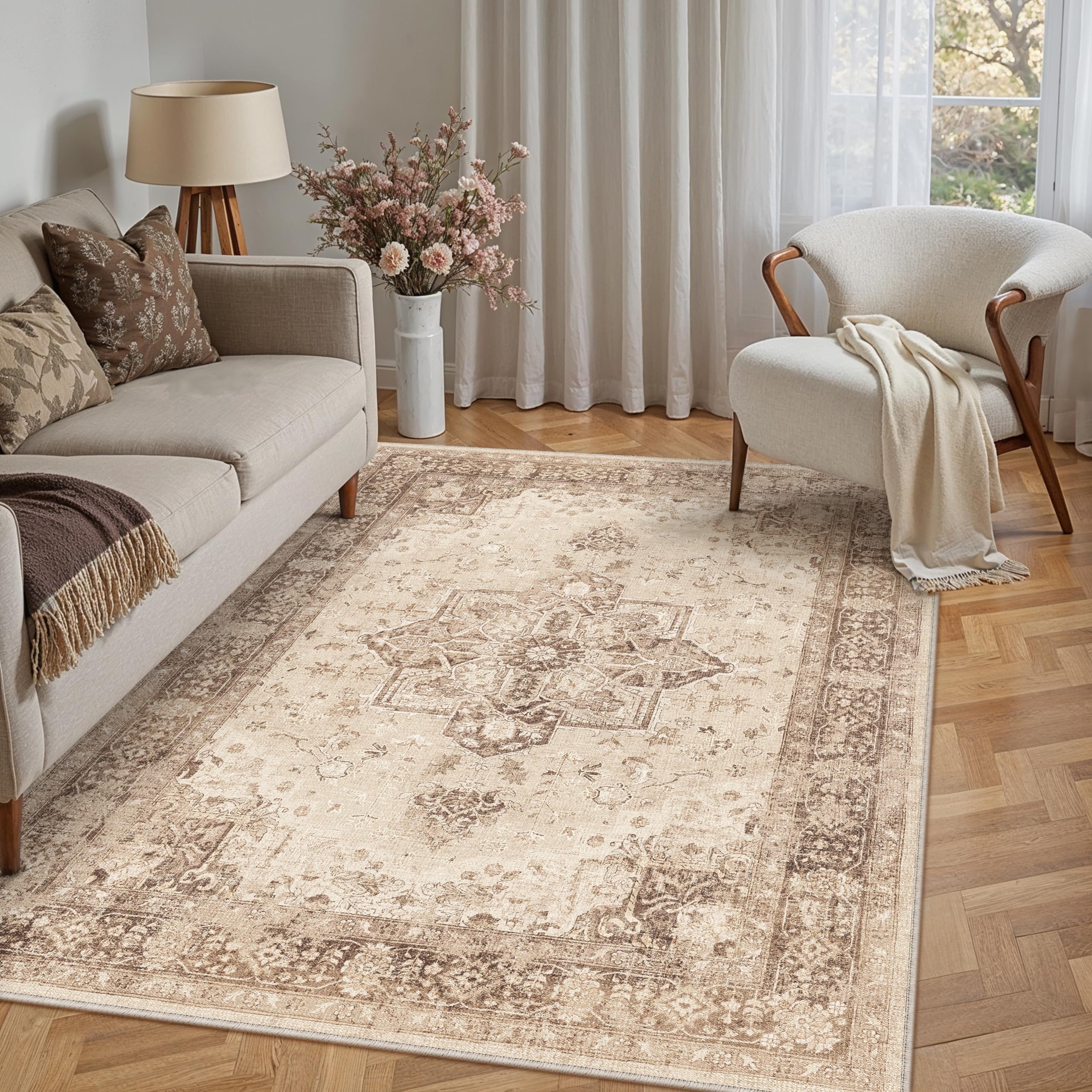 PureCozy Vintage Rugs Living Room Area Rug 120x170cm Washable Brown Bedroom Large Non Slip Soft Carpet Kitchen Bedroom Dining Room Office Indoor Low Pile Carpets โ image 1
