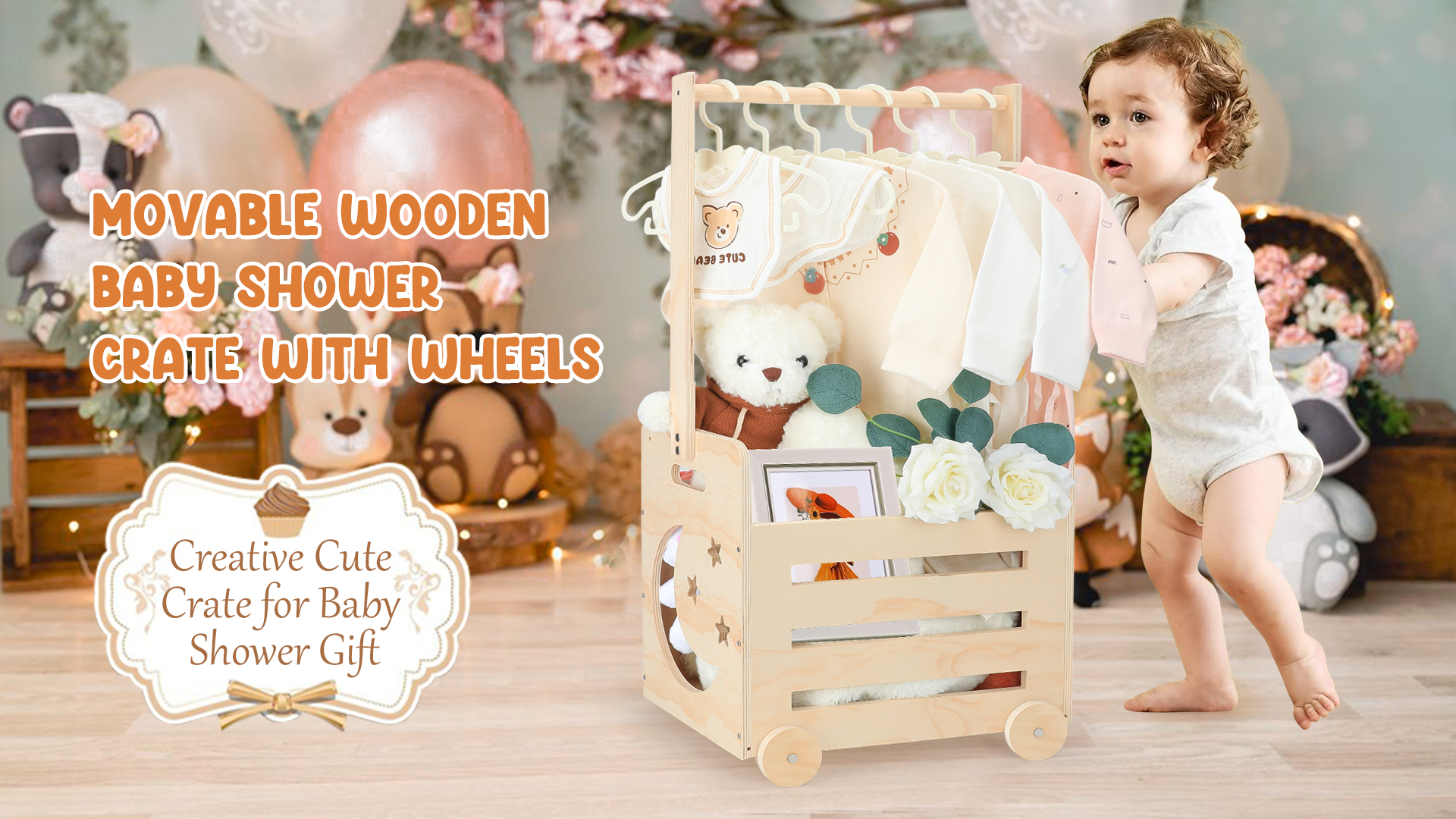 Shower Storage Wooden Baby Shower Crate Closet, Baby Gift Basket