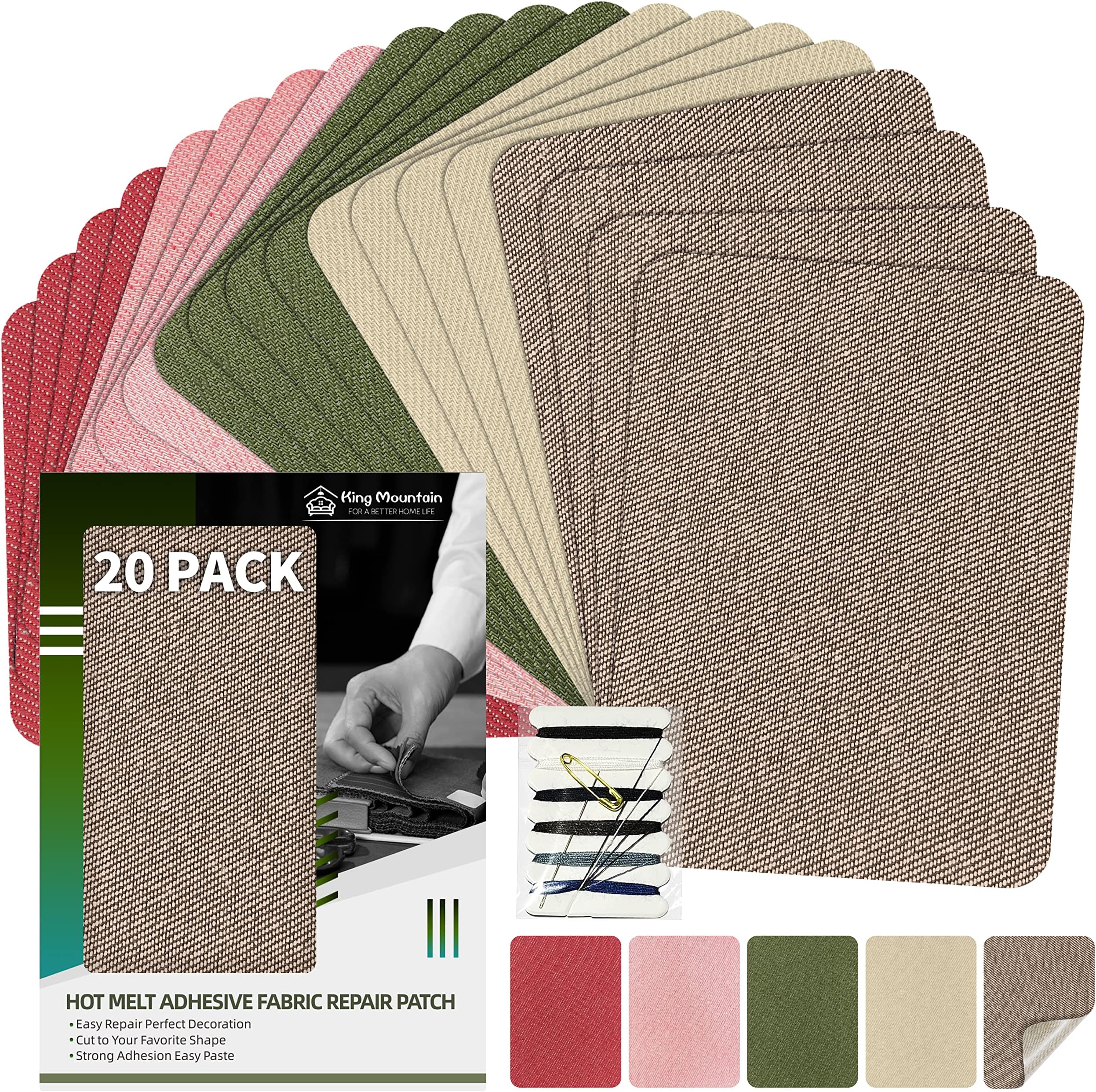 KING MOUNTAIN Iron-on Repair Patch 20 Pcs Pack,Denim Patches for Jeans Kit 3" by 4-1/4", 100% Cotton Denim Iron-on Repair Patch,Jeans and Clothing Repair and Decoration Kit (Five Color 2.0)